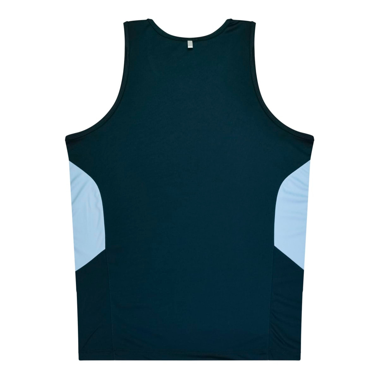 A dark green singlet with light blue side panels and a logo at the neckline.