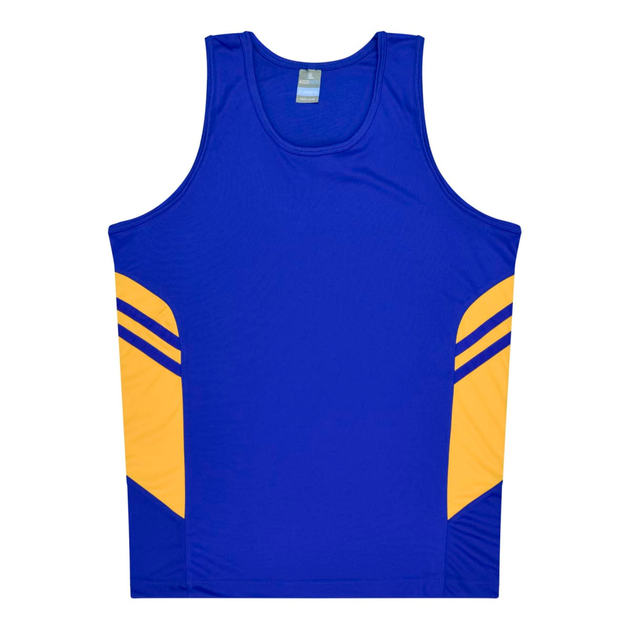 A blue singlet with yellow side panels and stripes. It features a branding logo on the front.