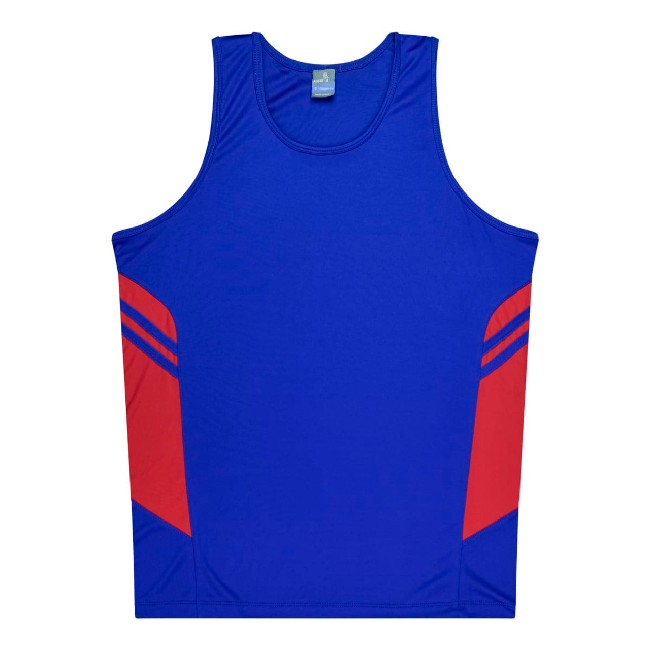 A blue singlet with red side panels, featuring a logo on the upper front. Ideal for casual wear or sports.