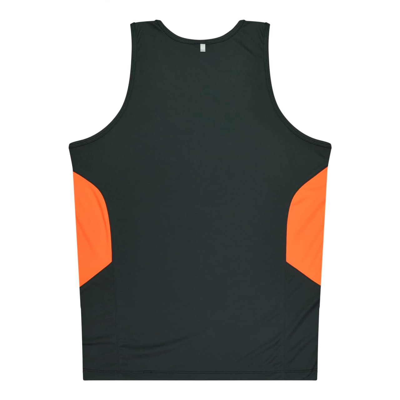 A dark green singlet with orange side panels and a logo on the back. Casual style for kids.