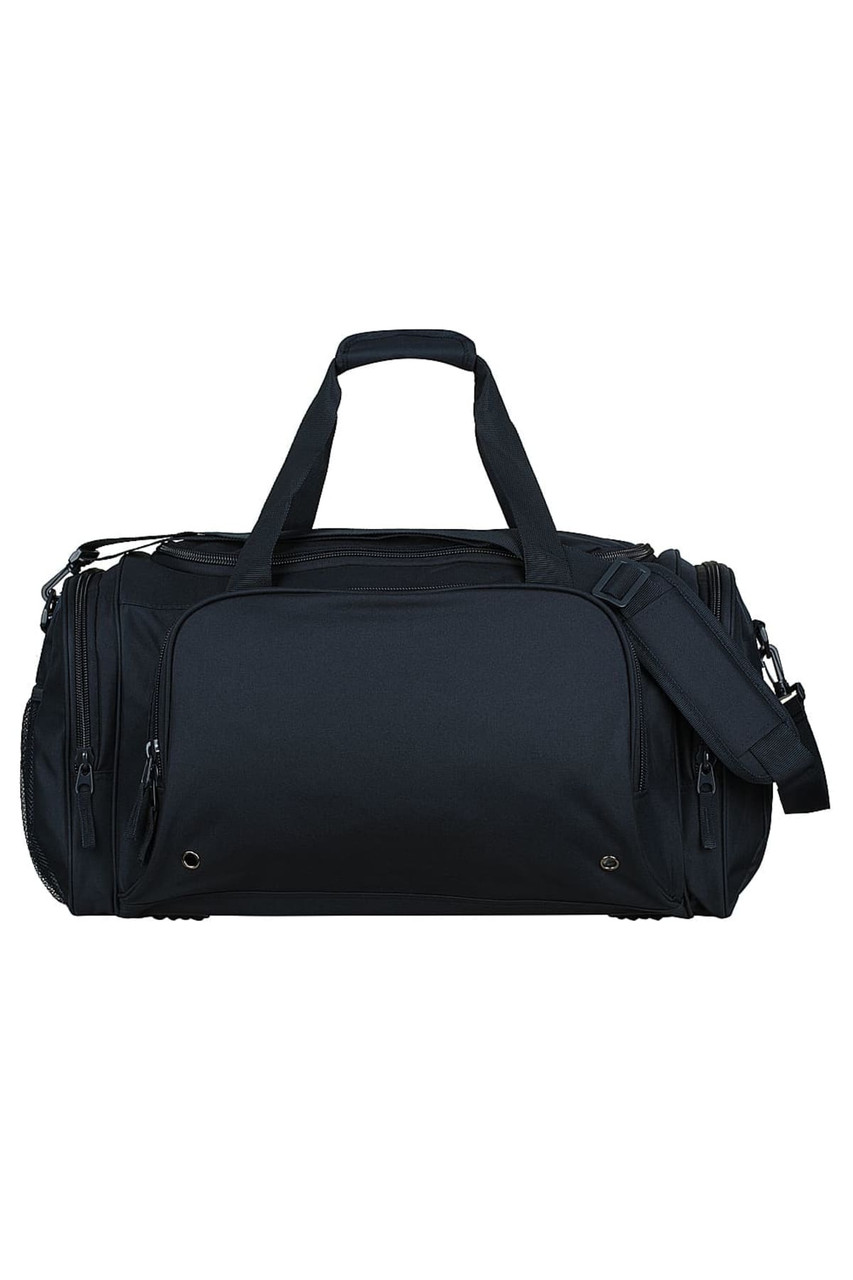 A black duffle bag with multiple zipped compartments and a detachable shoulder strap, featuring a logo.