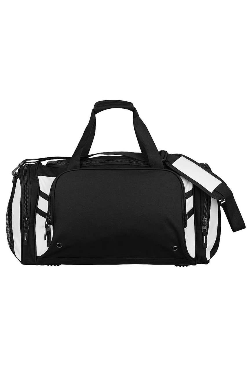 A black and white duffle bag with a shoulder strap and multiple zippered compartments, featuring a logo.
