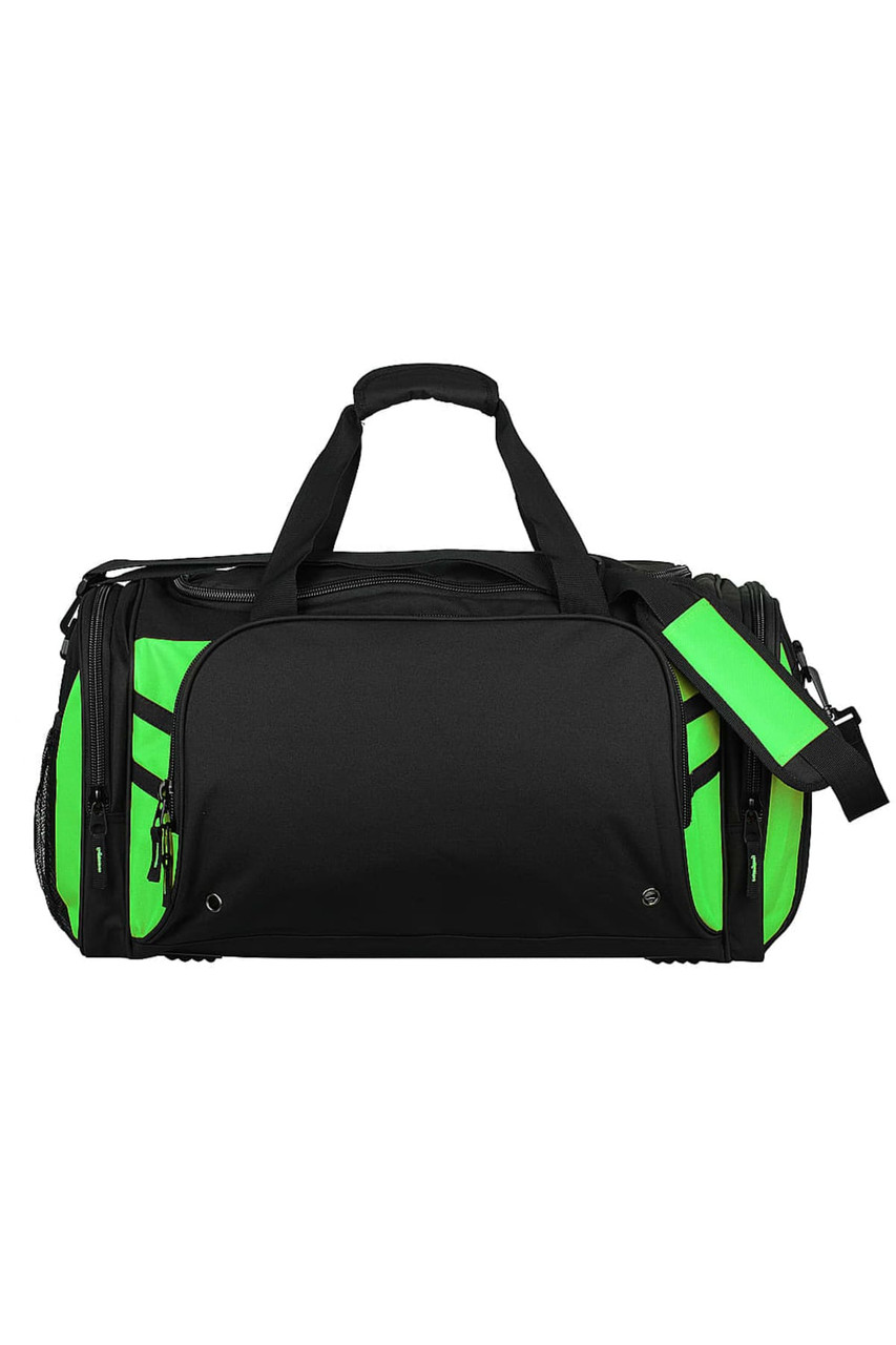 A black and bright green duffle bag with a shoulder strap and multiple compartments. Features a logo.
