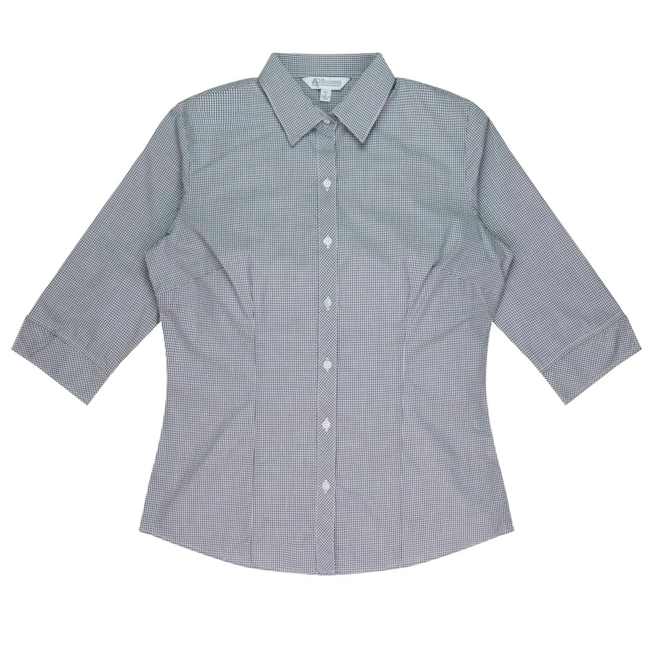 A grey and white checkered button-up shirt with 3/4 sleeves and a collar, featuring a logo.