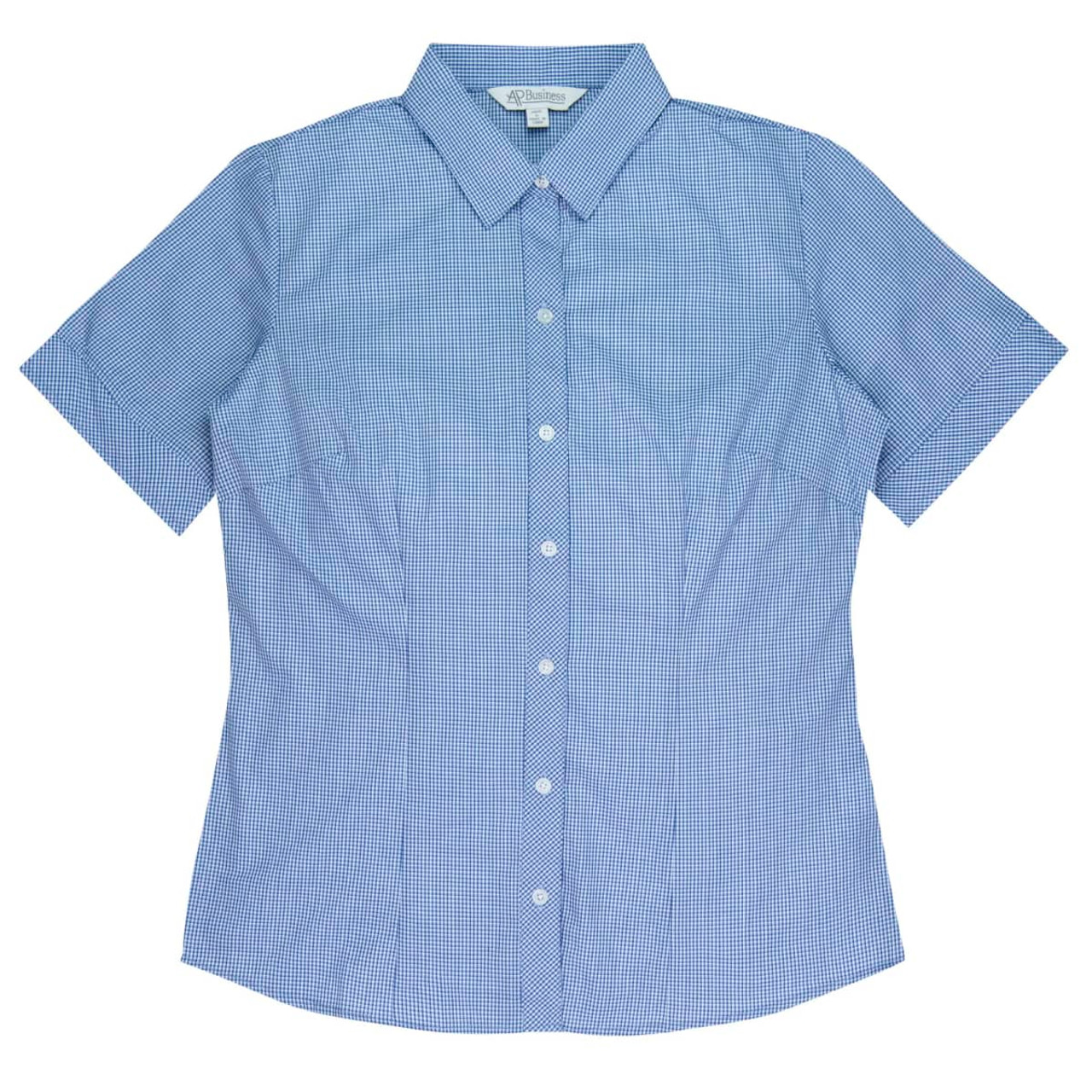 A short sleeve button-up shirt in a blue gingham pattern, featuring a collar and a single logo.