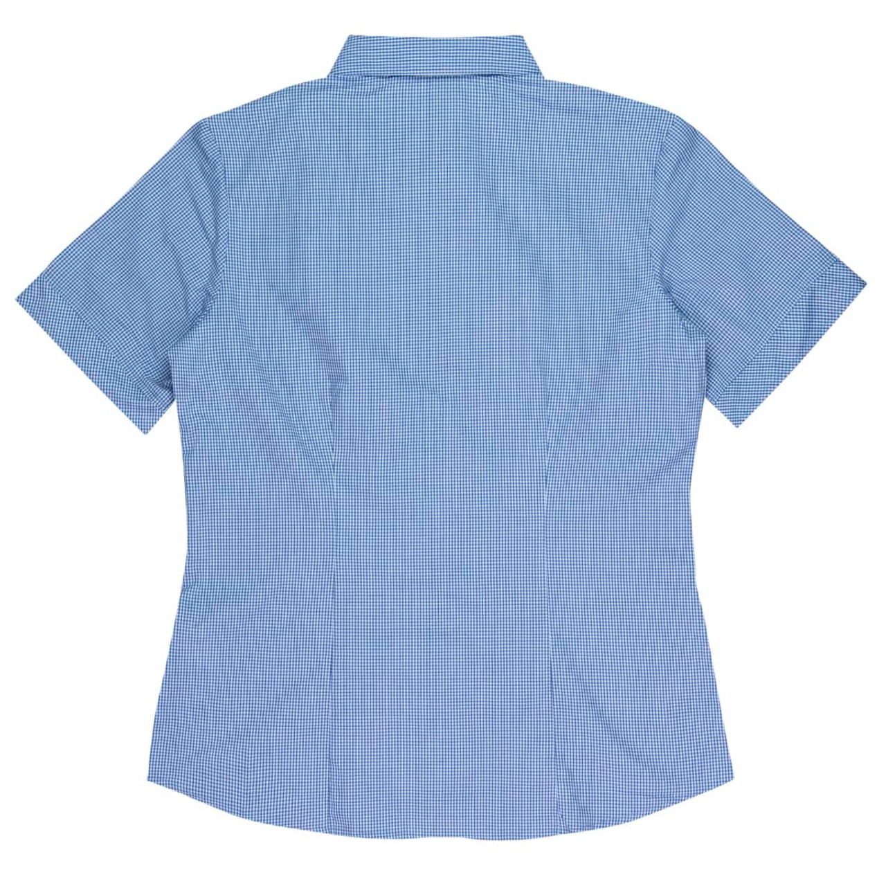 A short-sleeve button-up shirt in blue check pattern, featuring a collar and a fitted design.