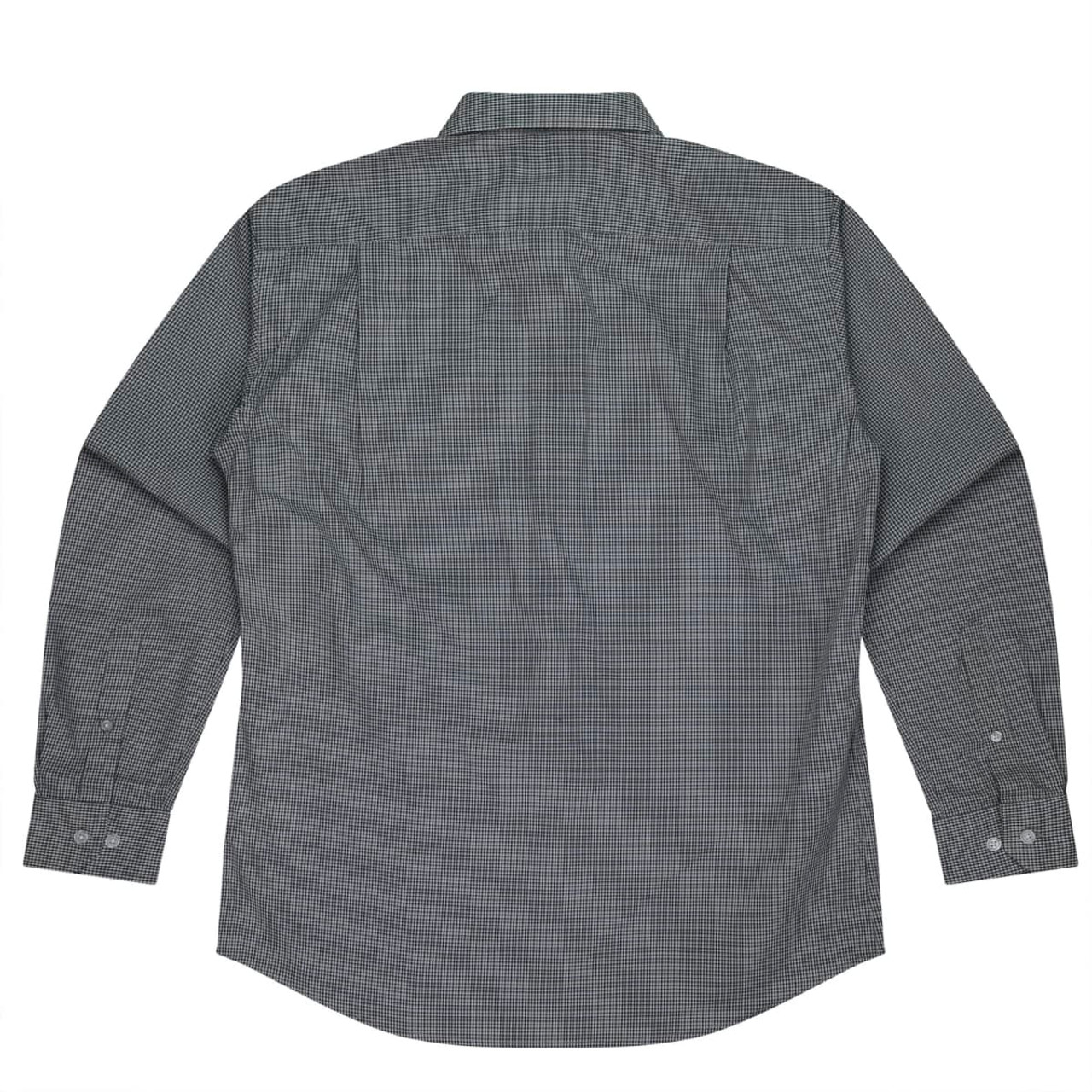 A long-sleeve button-up shirt in a grey and black check pattern, featuring a back view with two shoulder pleats.