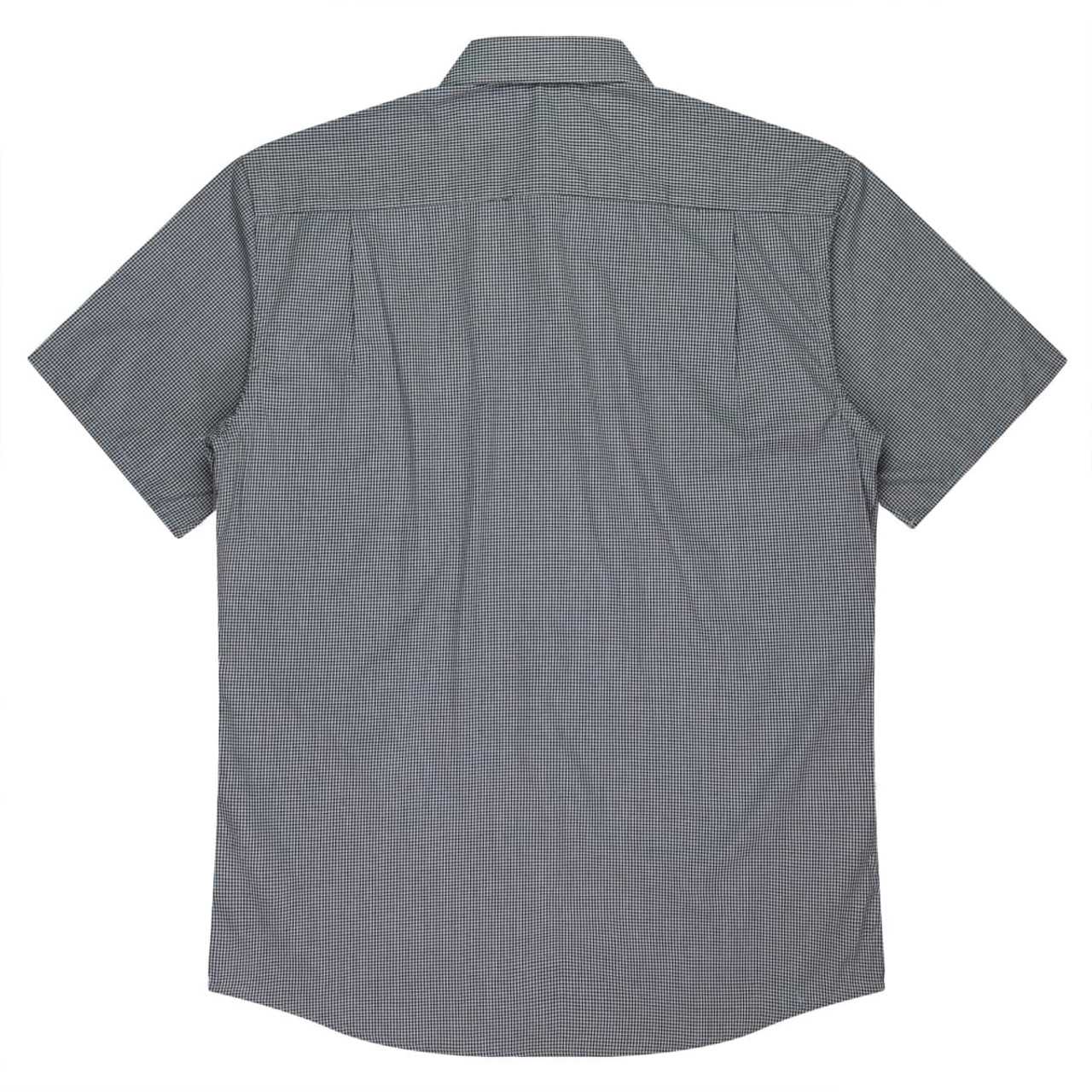 A short-sleeve men's button-up shirt in a grey checkered pattern, featuring a back yoke and subtle branding.