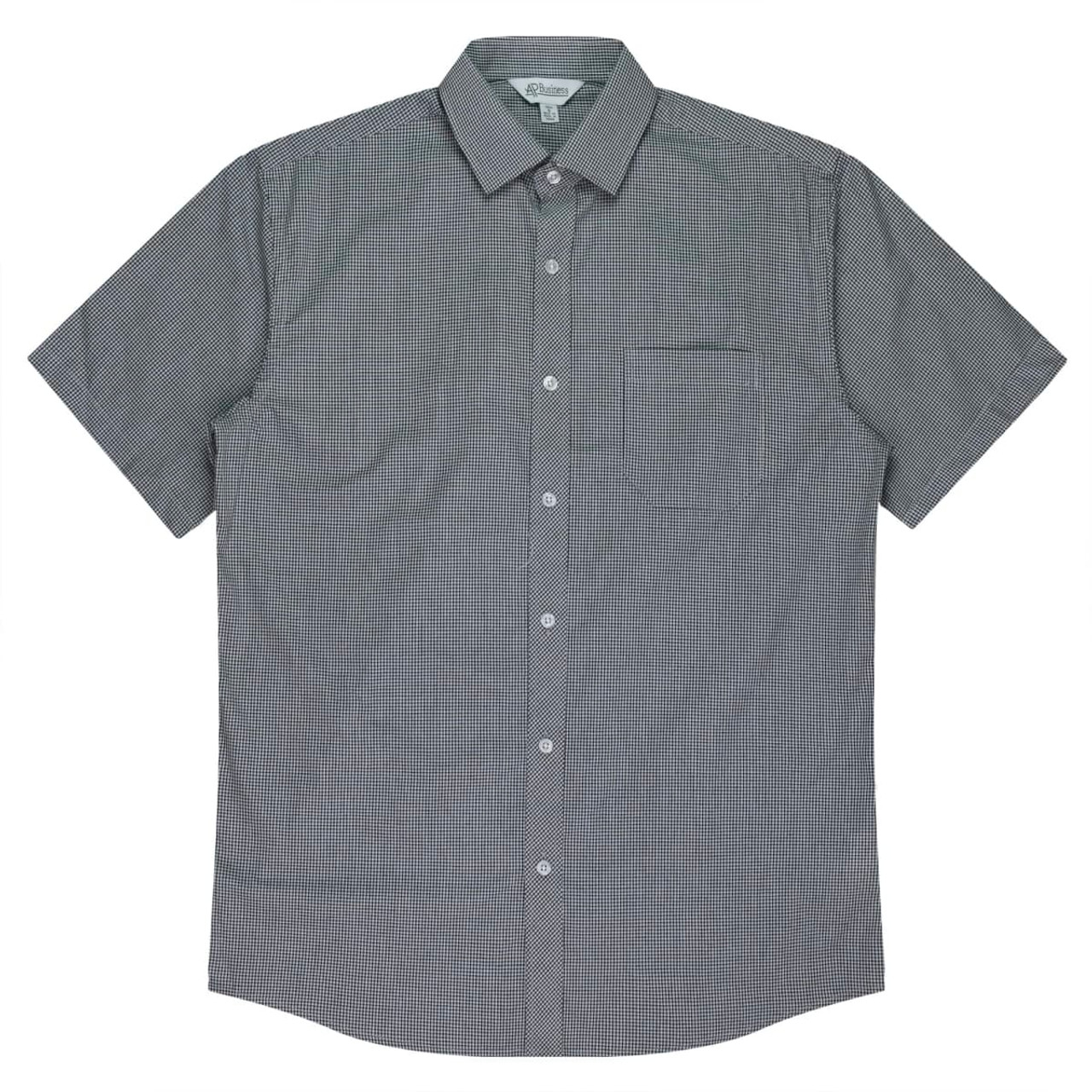 Short-sleeve button-up shirt in grey with a checkered pattern and a chest pocket. Features a collar and buttons.