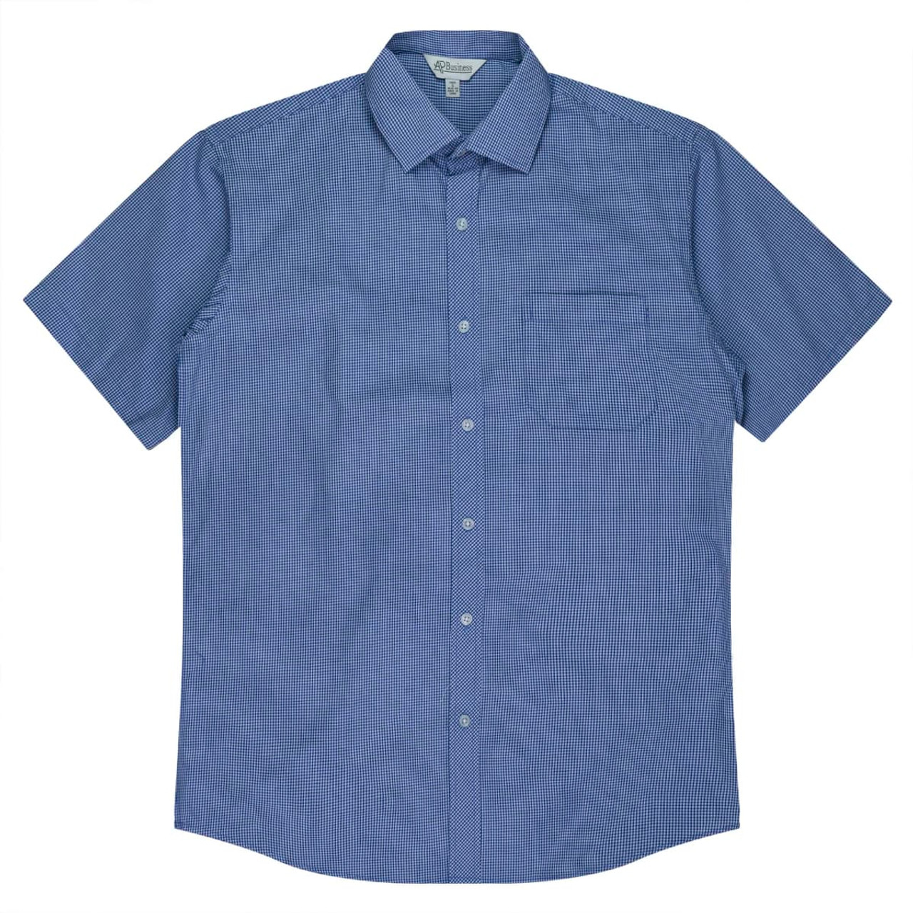 A short-sleeve button-up shirt in a blue and white check pattern, featuring a single chest pocket and a collar.