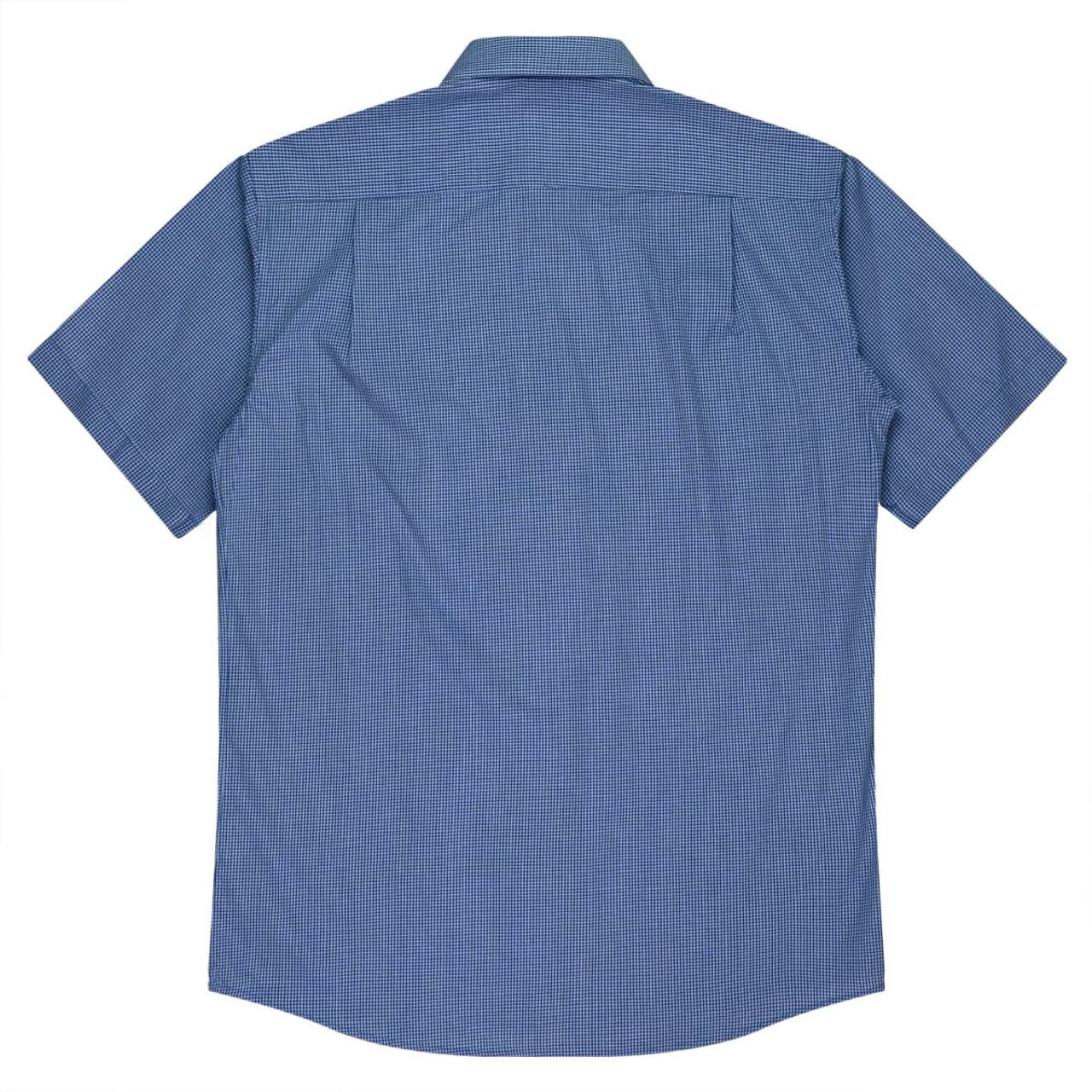 A blue short sleeve button-up shirt with a checked pattern and a logo.