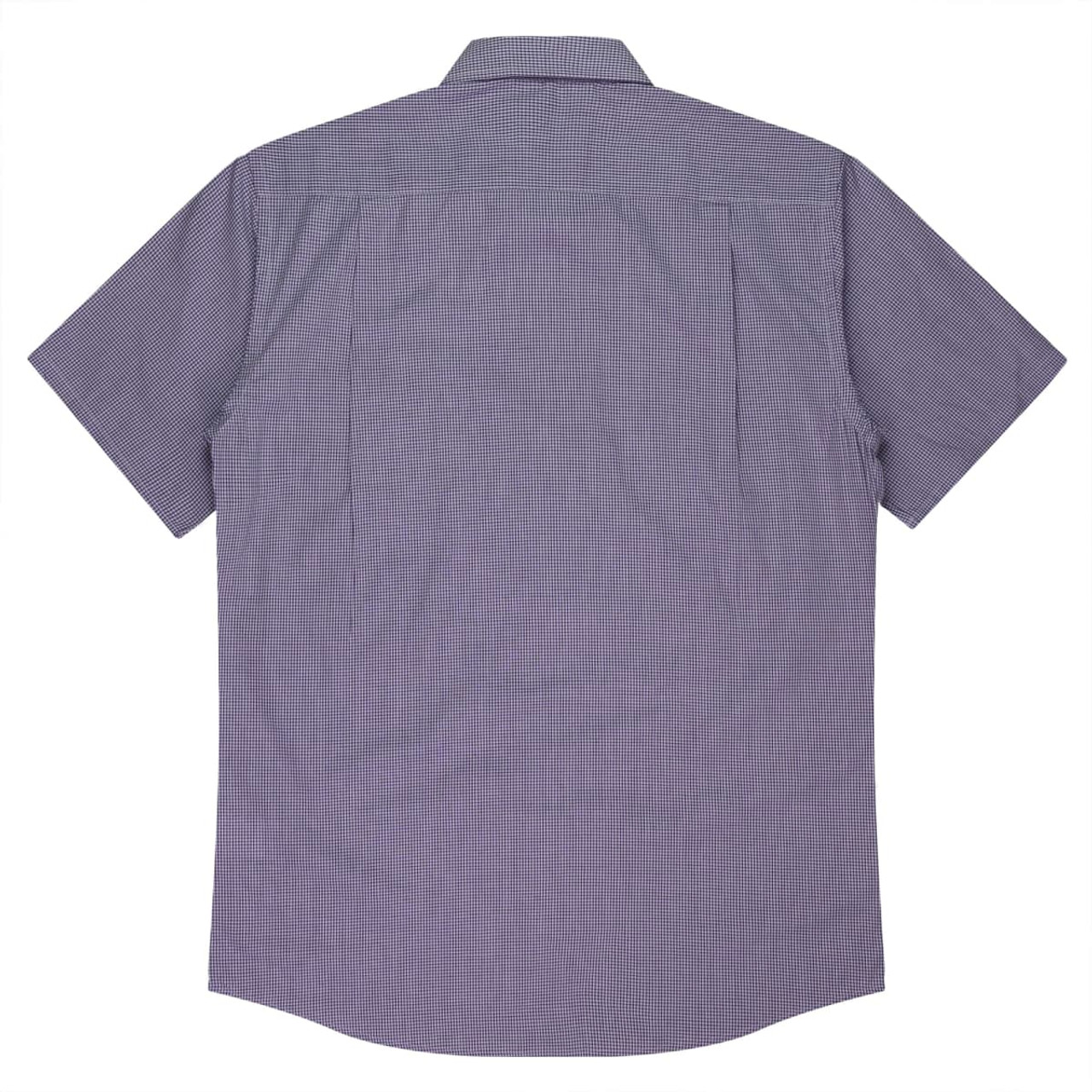 A short-sleeve button-up shirt in a checkered pattern, featuring a back yoke and a subtle logo.