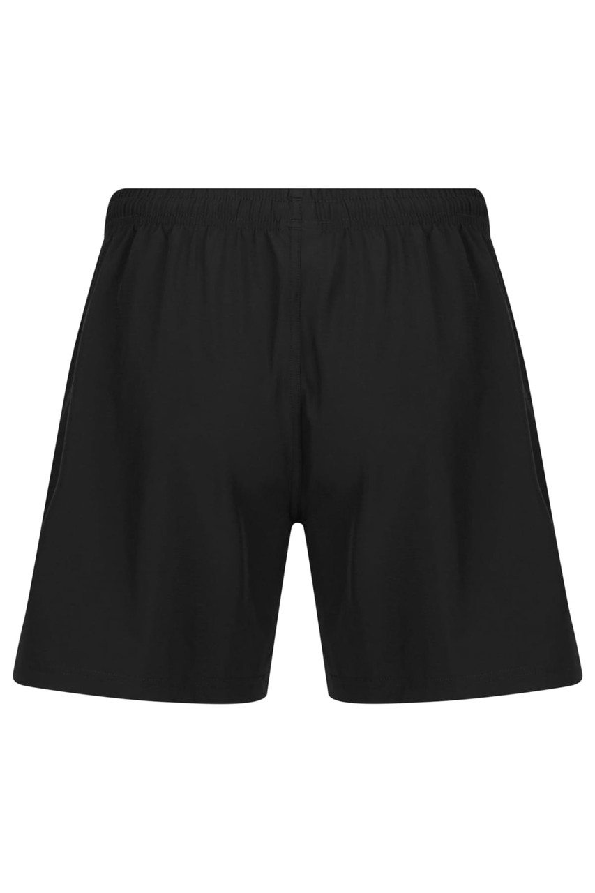 A pair of black men's training shorts featuring a comfortable elastic waistband and a simple design.