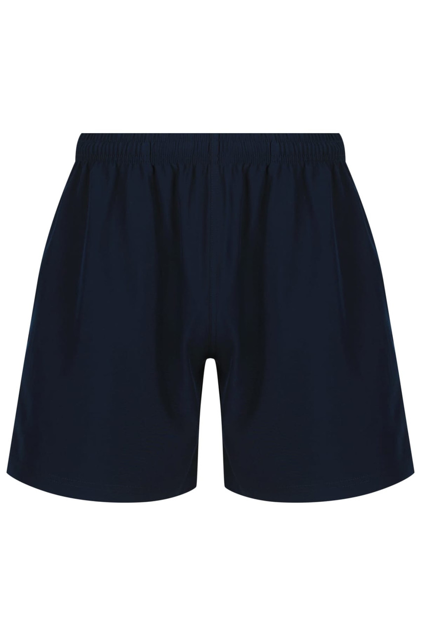 Navy blue men's sports shorts with an elastic waistband and a logo on the front. Suitable for training activities.