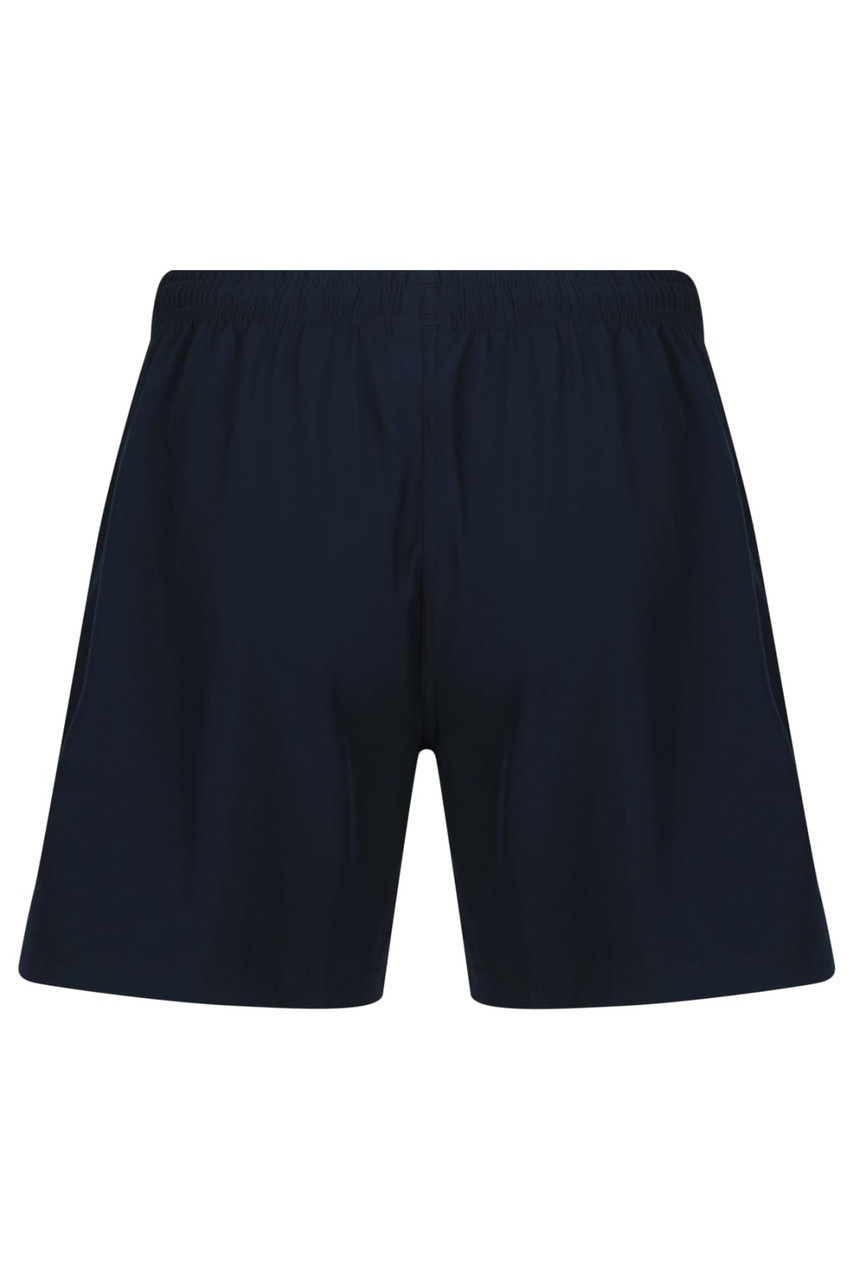 Men's sports shorts in navy blue with an elastic waistband and a logo on the side.