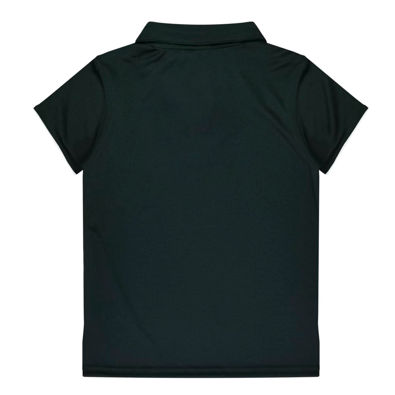 A dark green polo shirt featuring a collar and short sleeves, with a branding logo on the back.