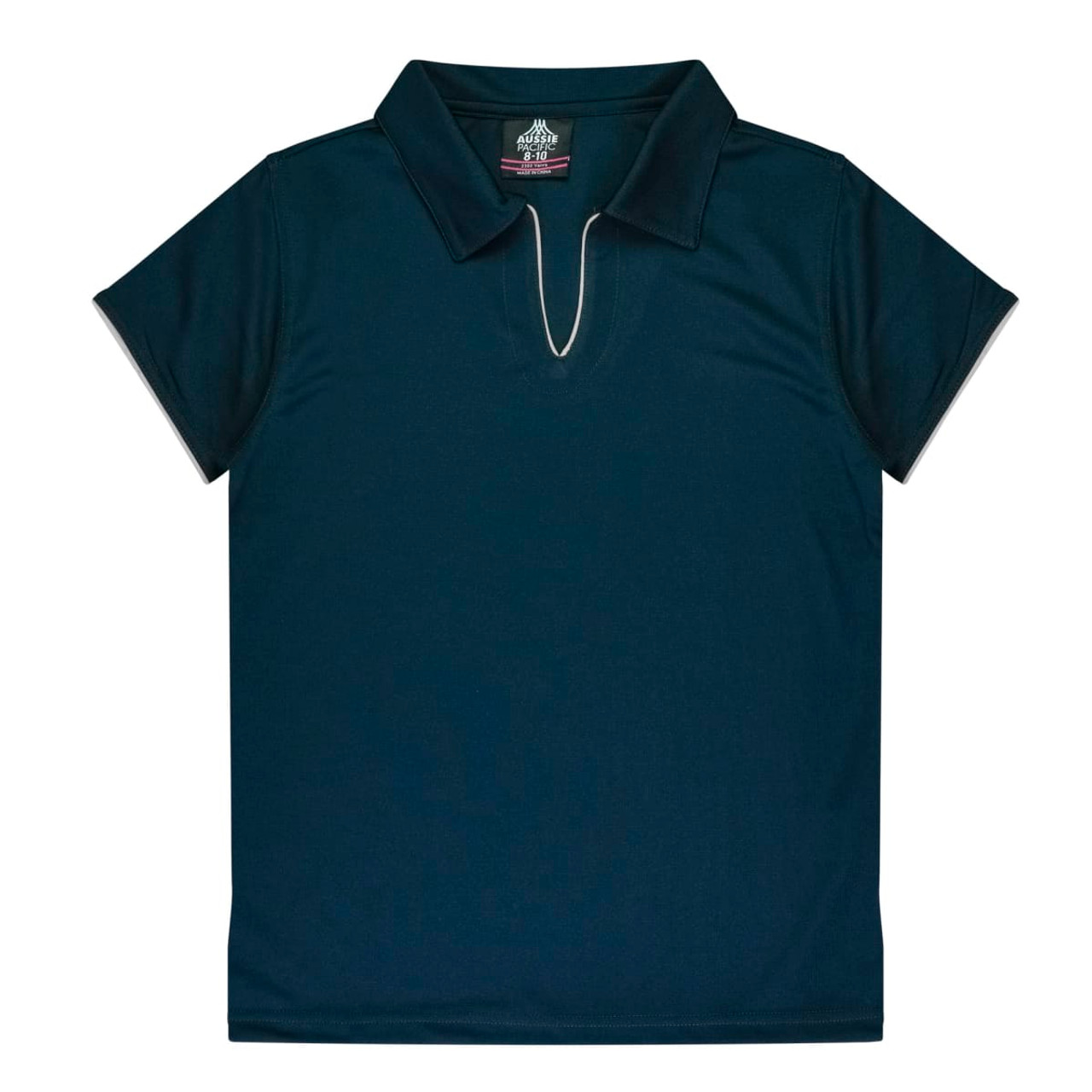 A dark navy polo shirt featuring a collared neckline and a logo at the collar.