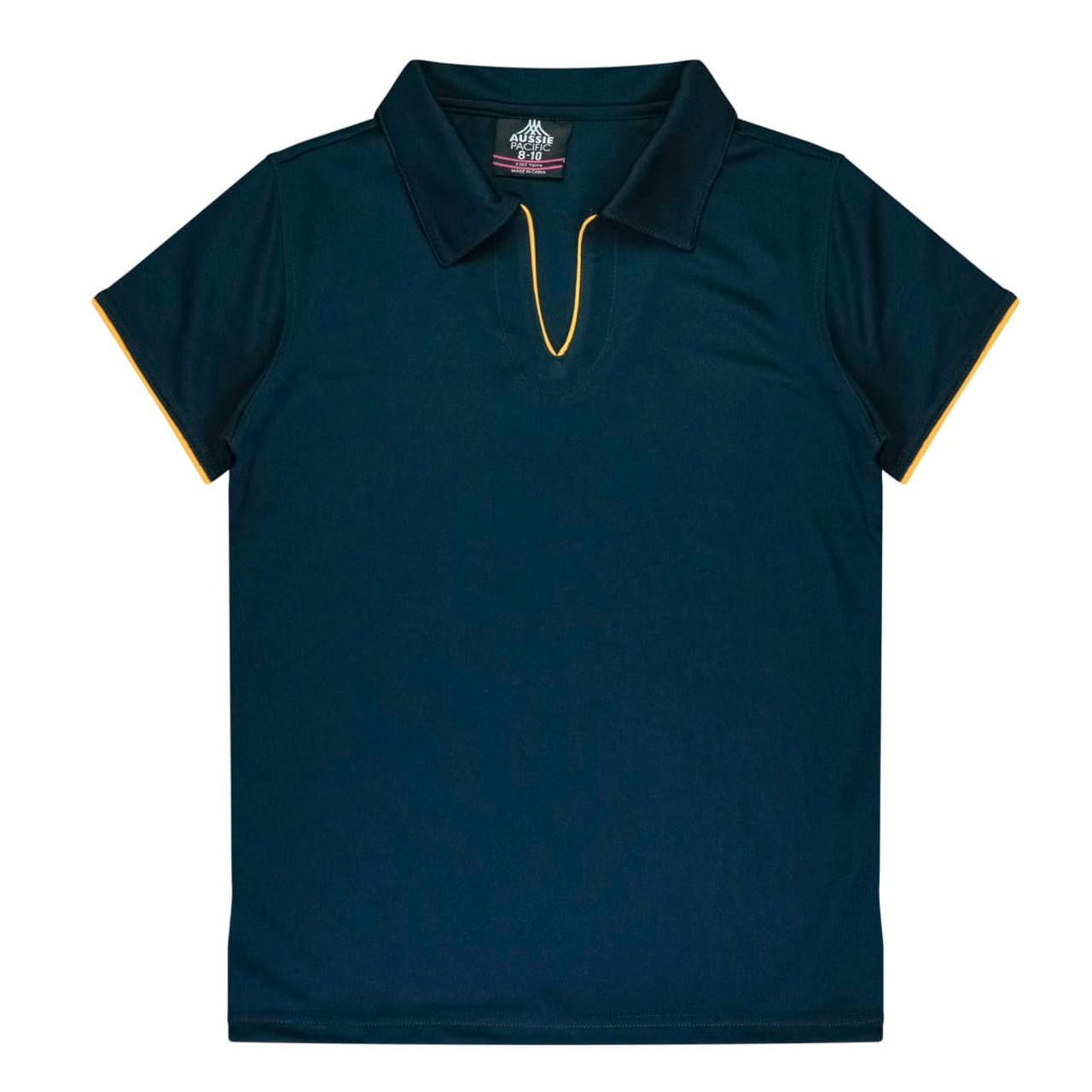 A navy blue polo shirt featuring a contrasting yellow trim and a collar. It has a logo on the inside neck.