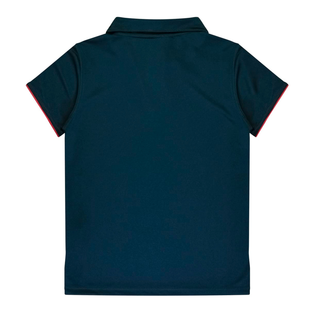 A navy polo shirt featuring a classic collar and short sleeves with red accents. It has a branding logo.