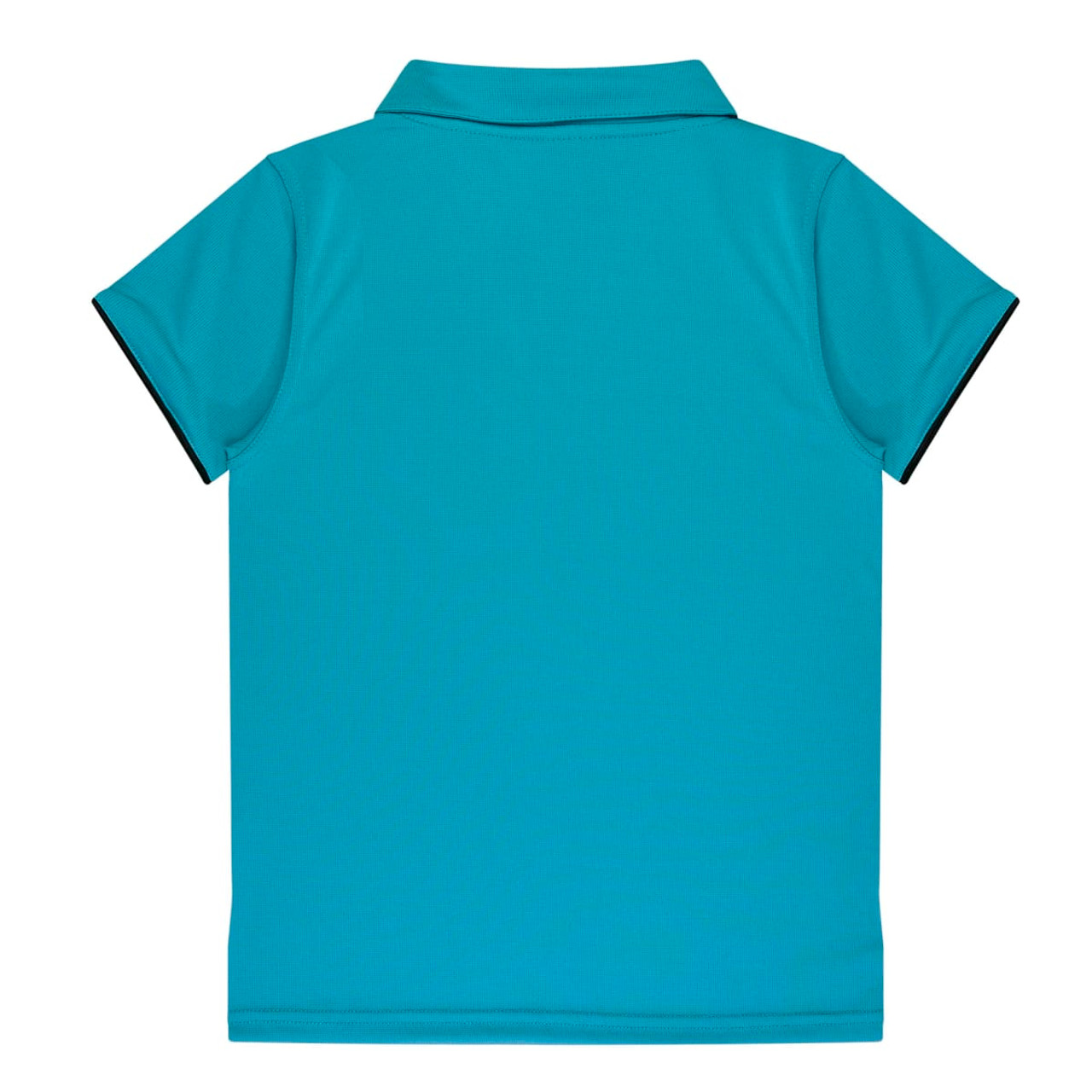 A turquoise polo shirt with a classic collar and short sleeves, featuring a contrasting trim and a logo on it.
