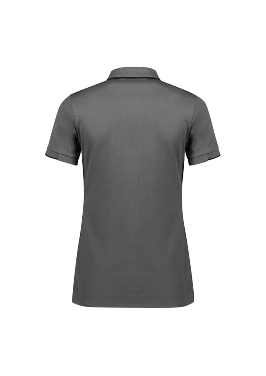A grey women's short sleeve polo shirt with a classic collar and logo detail on the back.