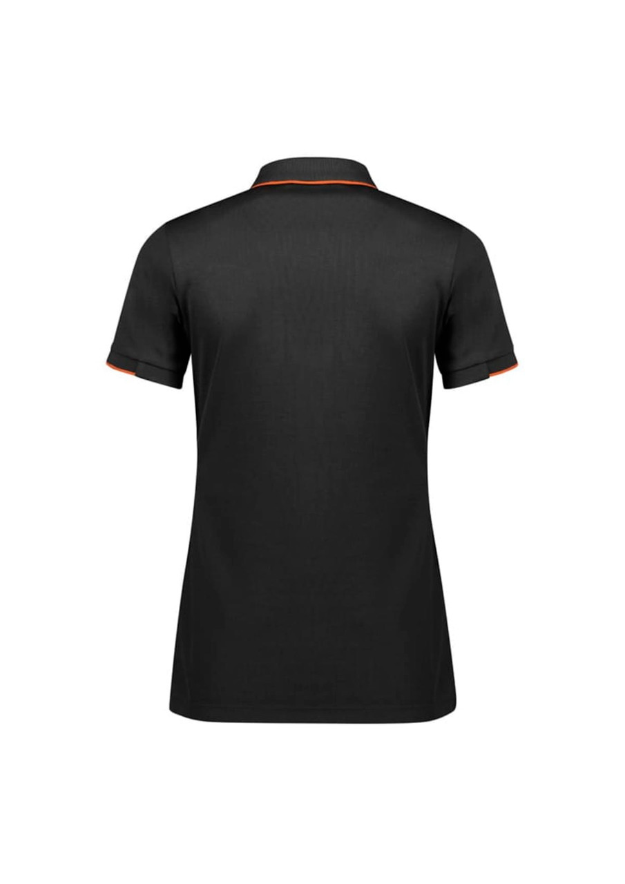 A black women's polo shirt with short sleeves and orange detailing, featuring a logo on the back.
