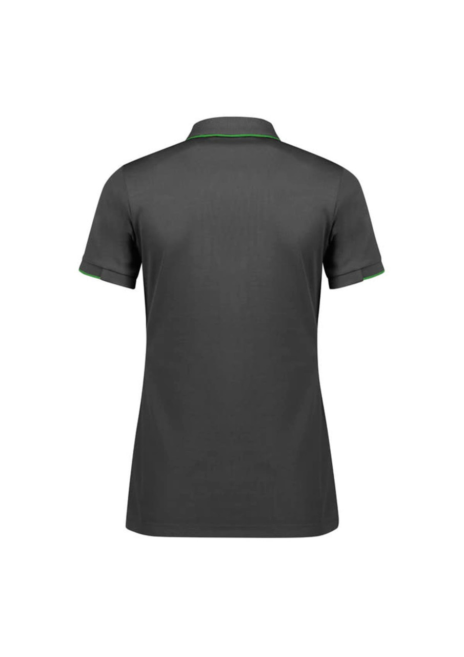 A women's short sleeve polo shirt in dark grey with green trim and a logo on the back.