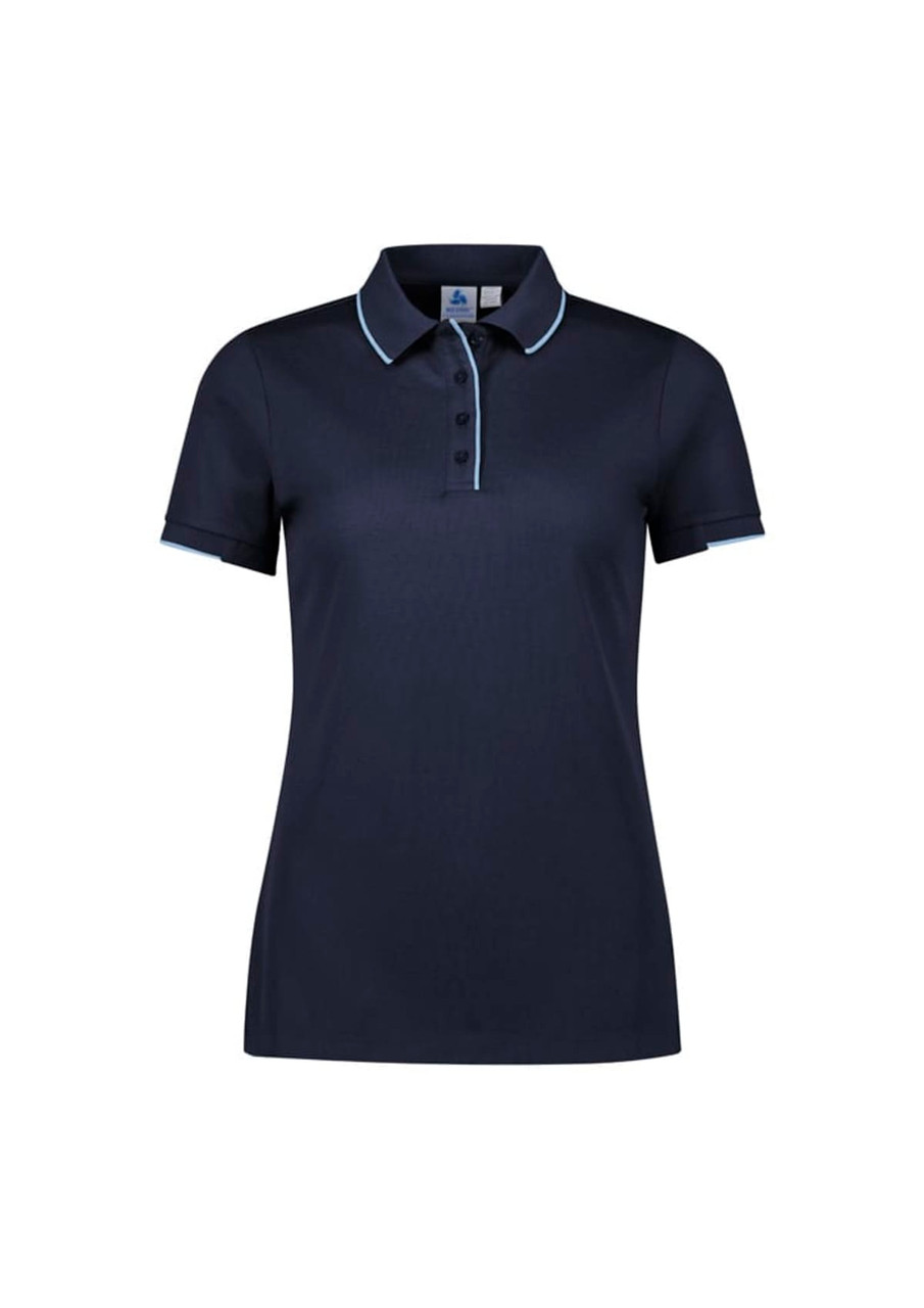 A navy women's short sleeve polo shirt featuring a contrasting collar and buttons, with a logo on the chest.