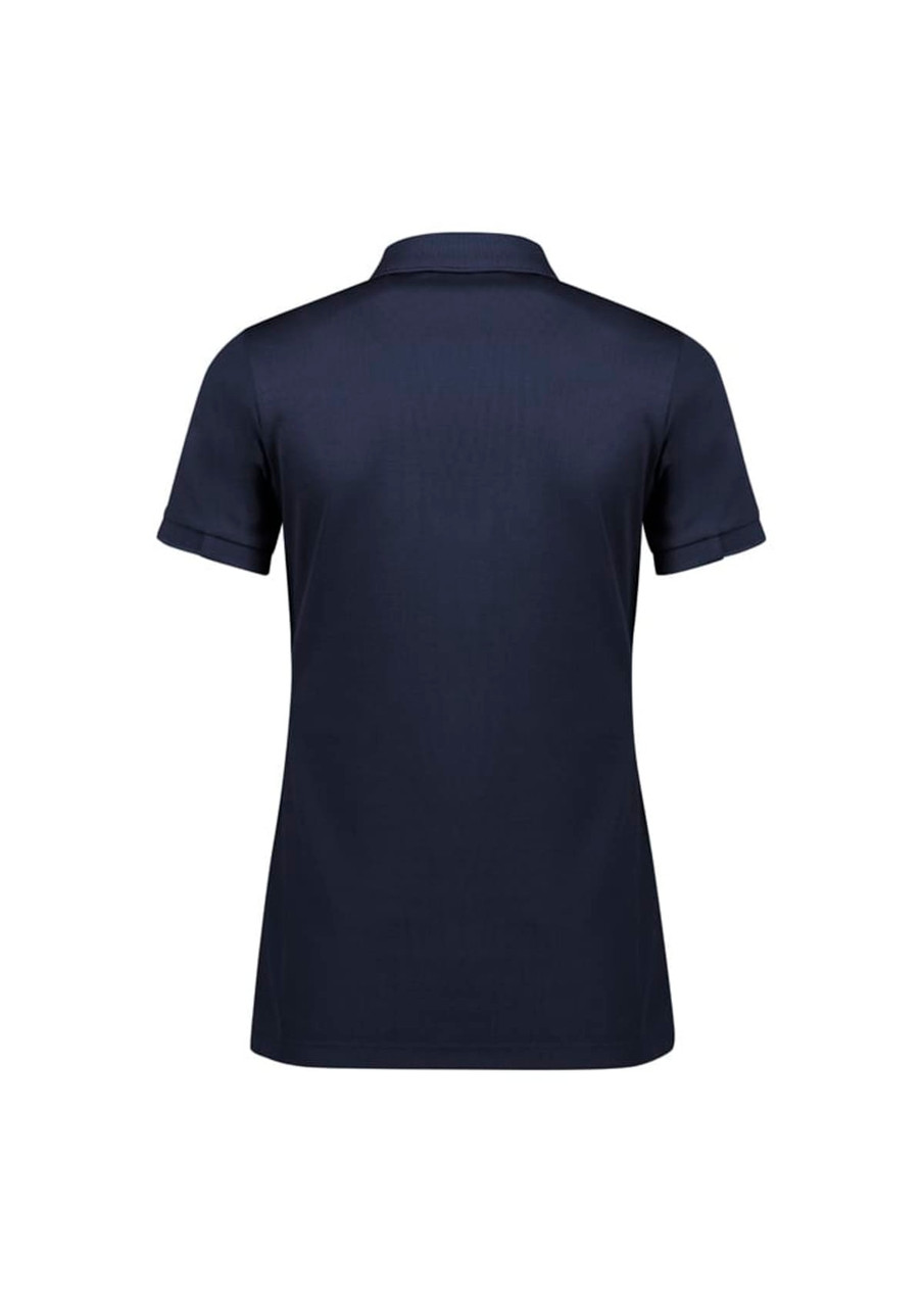 A navy short sleeve polo shirt with a collar and rolled sleeves. Features a logo on the back.