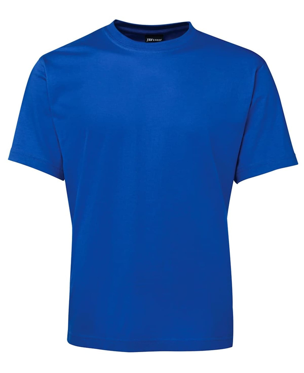 A blue t-shirt with a round neckline and short sleeves, featuring a logo on the label.