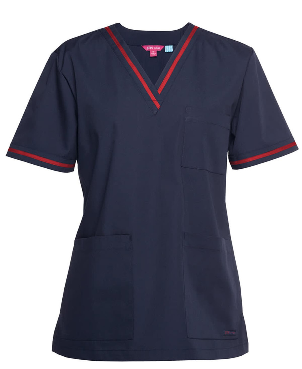 A navy scrubs top featuring short sleeves, red contrast trim, and a pocket on the front. Includes a logo.