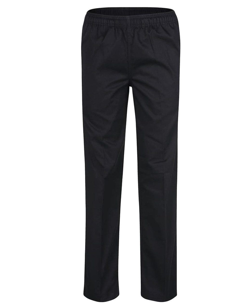A pair of black elasticated chef pants featuring a simple design and an elastic waistband.