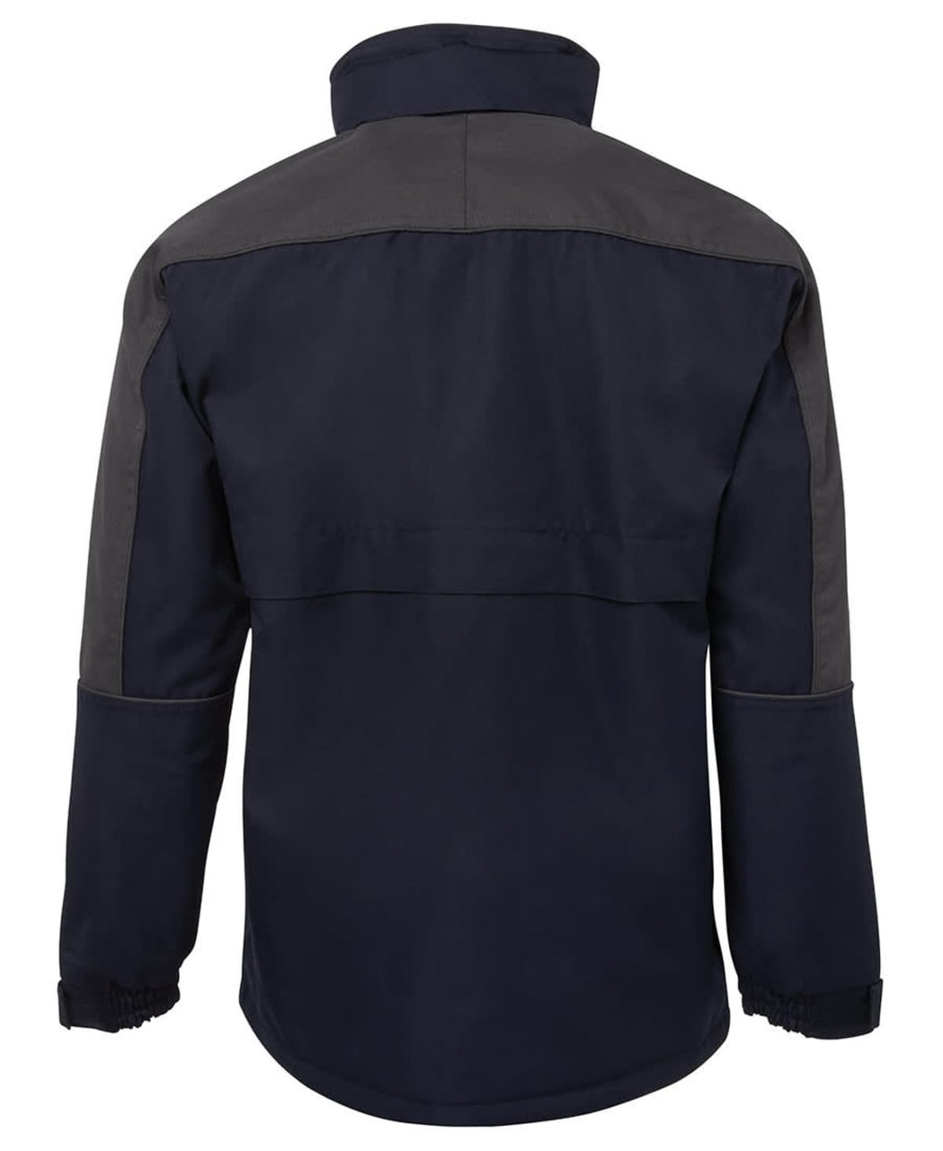 A black and charcoal rain jacket featuring a high collar and elastic cuffs, with a logo on the back.