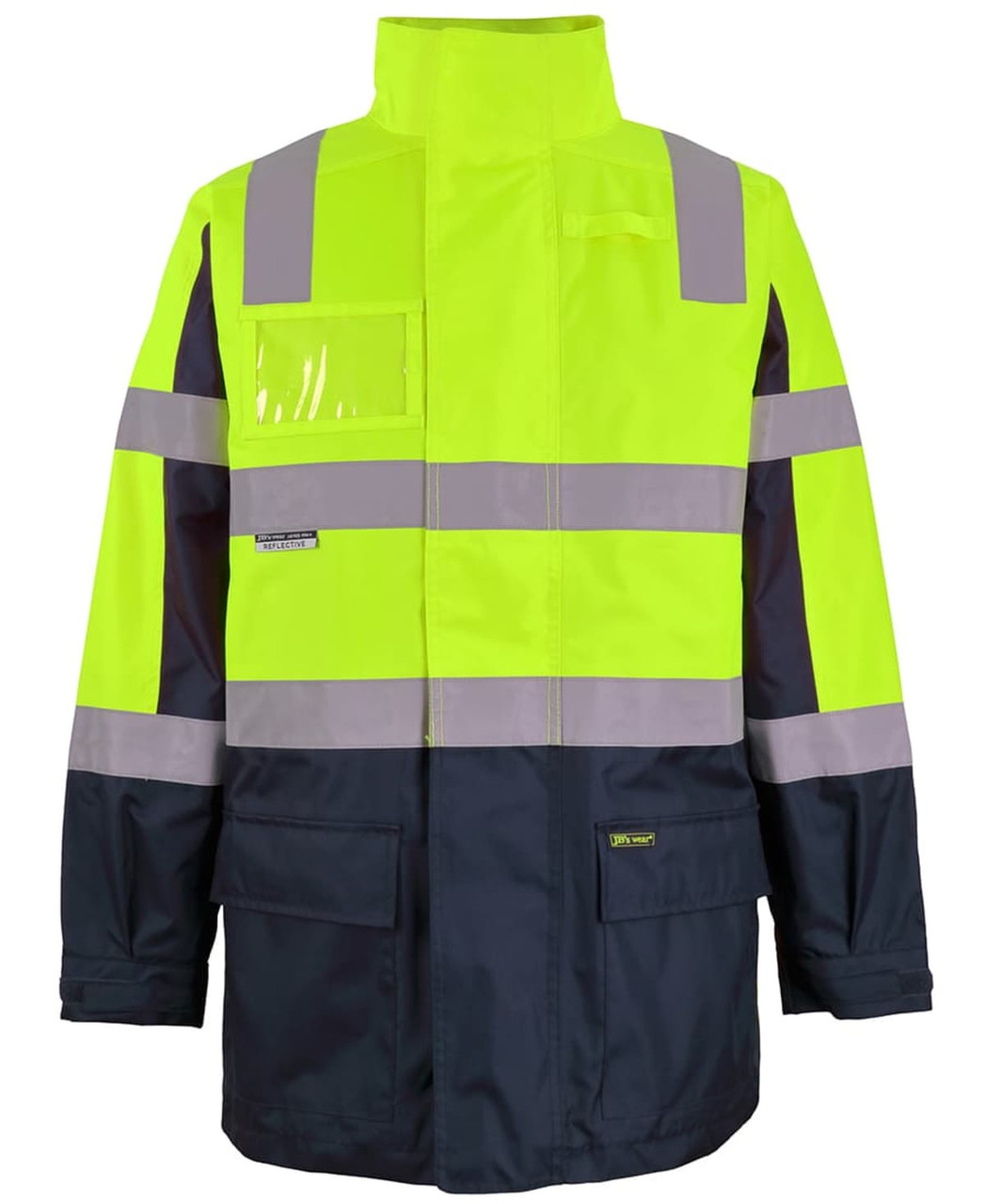 High-visibility jacket in vibrant yellow and navy, featuring reflective strips and a pocket. Includes a logo.