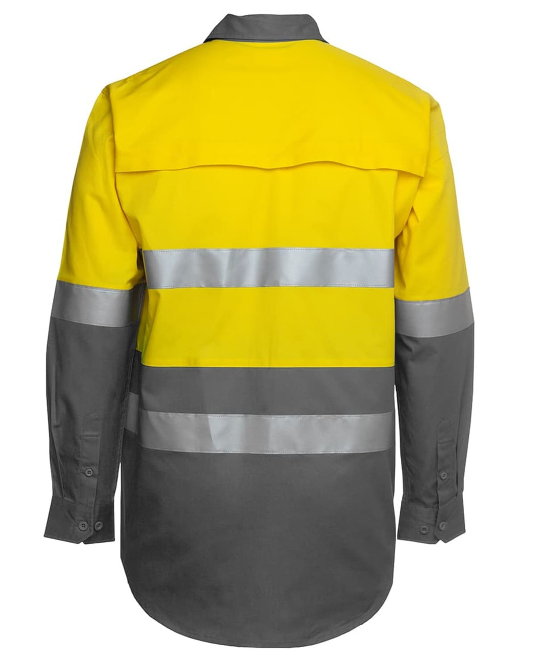 High-visibility long sleeve work shirt in yellow and grey, featuring reflective stripes and a logo.