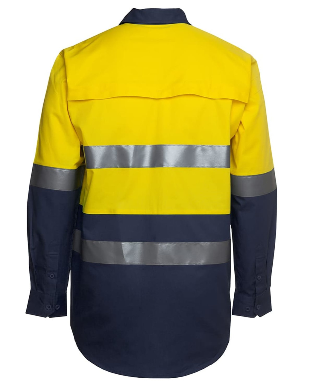 A long-sleeve work shirt in fluorescent yellow and navy, featuring reflective stripes and a partial collar.