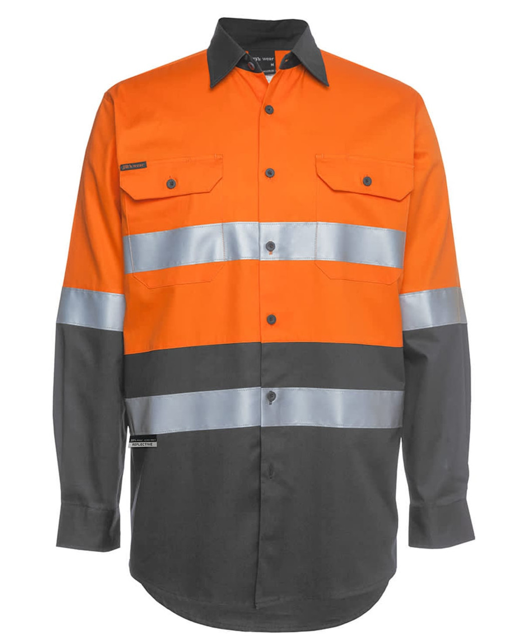 An orange and grey long-sleeve work shirt with reflective stripes and pockets. It features branding on the sleeve.