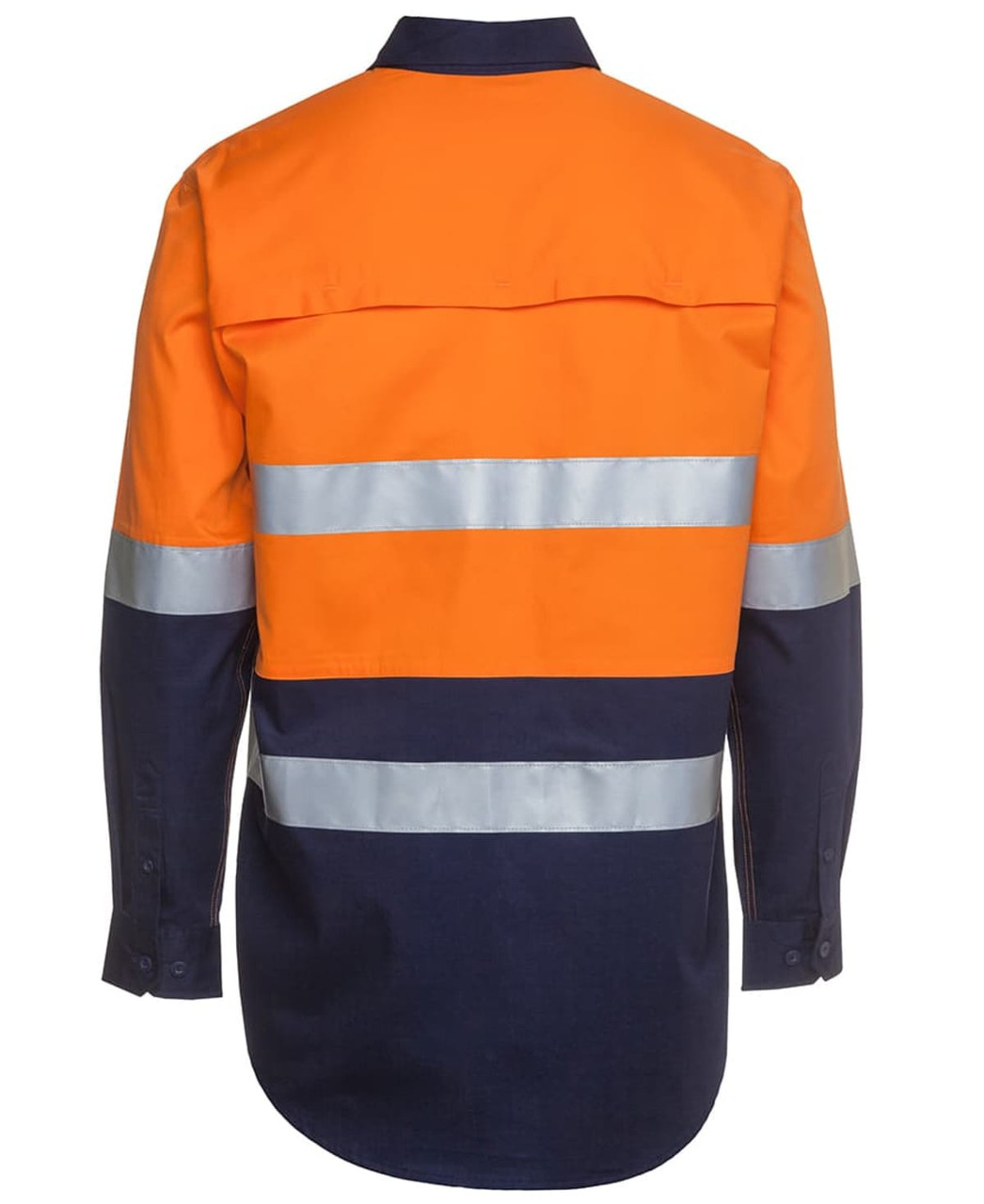 A long-sleeve work shirt in orange and navy, featuring reflective stripes and a logo on the back.