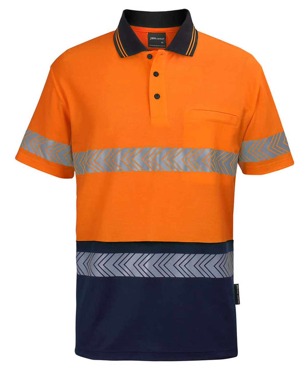 High-visibility polo shirt in orange and navy, featuring reflective segmented tape and a pocket. Brand logo present.