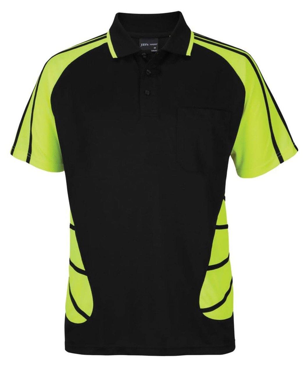 A black and bright green polo shirt featuring a pocket and stylised side designs, complete with a logo.