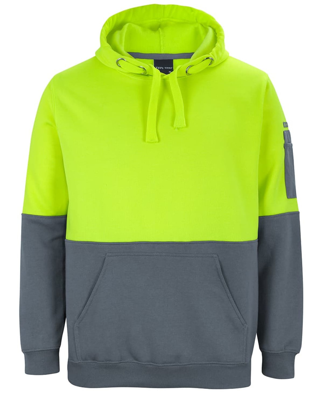 A high-visibility hoodie in bright yellow and grey, featuring a front pocket and a branding logo.
