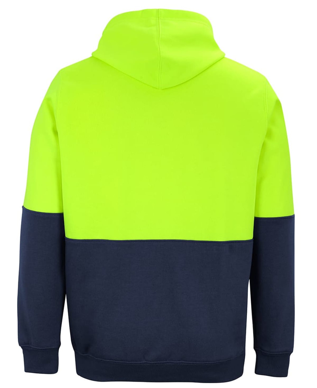 A bright yellow and navy hoodie with a hood and long sleeves, featuring a branding logo.