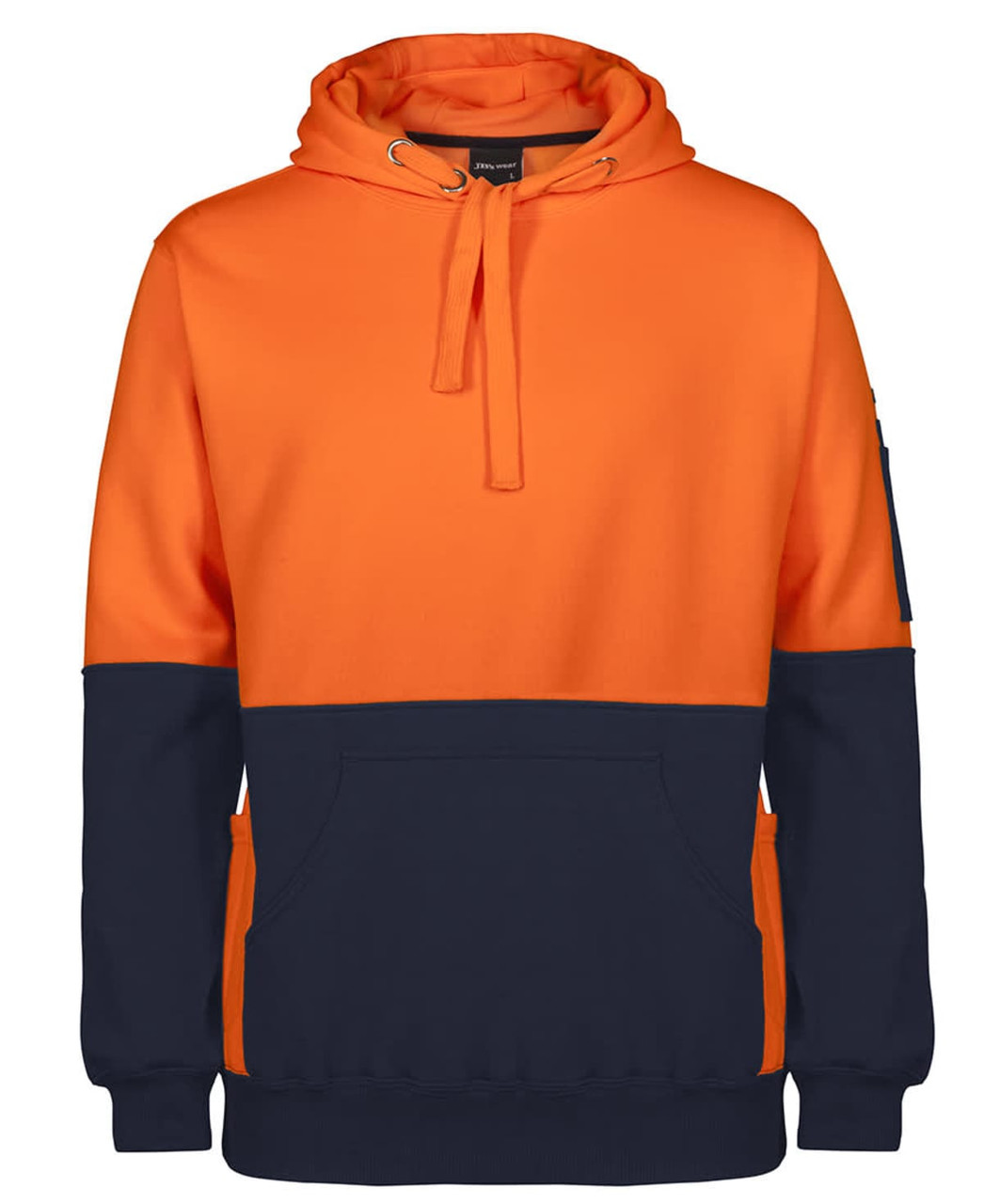 An orange and navy pullover hoodie featuring a front pocket and a logo on the sleeve.