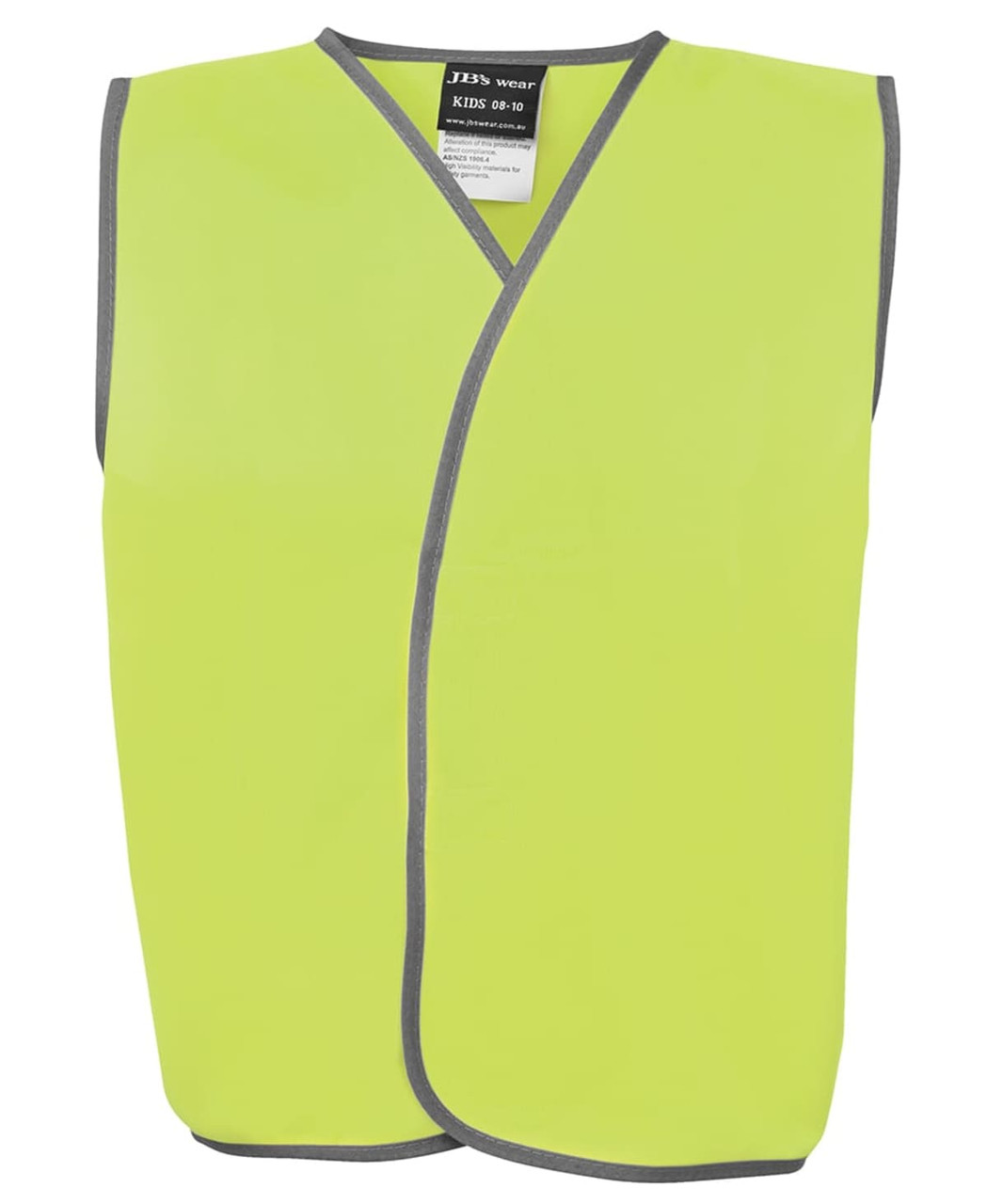 A bright yellow safety vest for kids, featuring a wrap design and grey trim. Includes a logo on the garment.