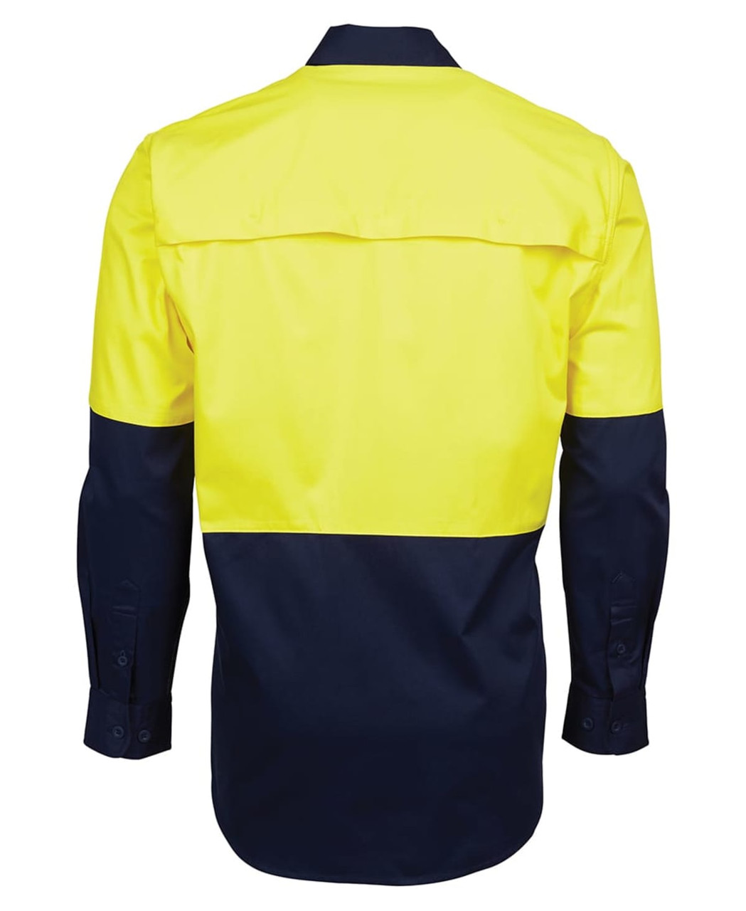 A long-sleeved work shirt in high visibility yellow and navy blue, featuring a back yoke and a logo.