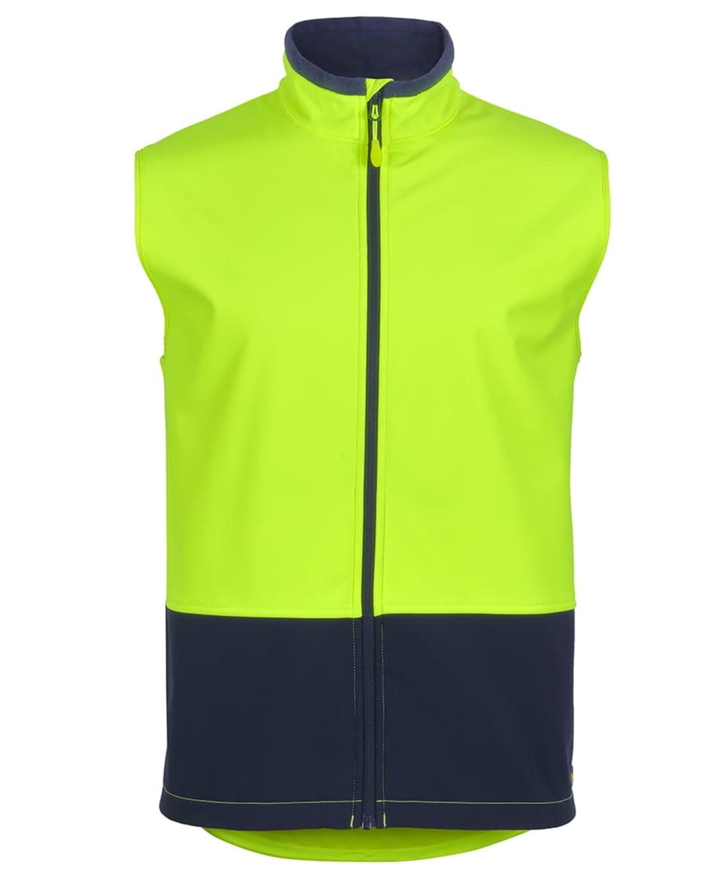 A lime and navy three-layer softshell vest with a zip front and a logo on it.