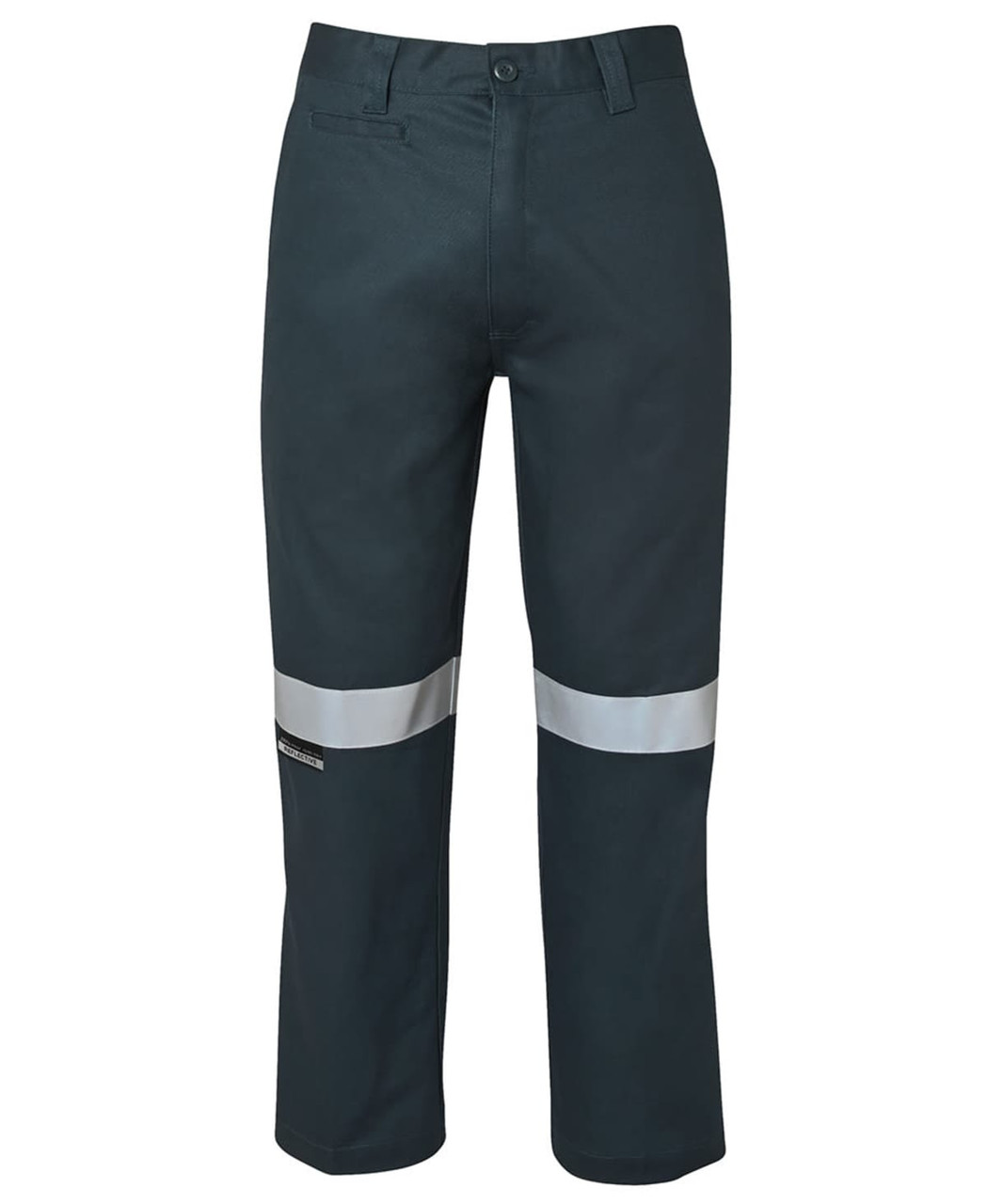 Work trousers in dark green with reflective tape stripes, featuring a front pocket and a logo.