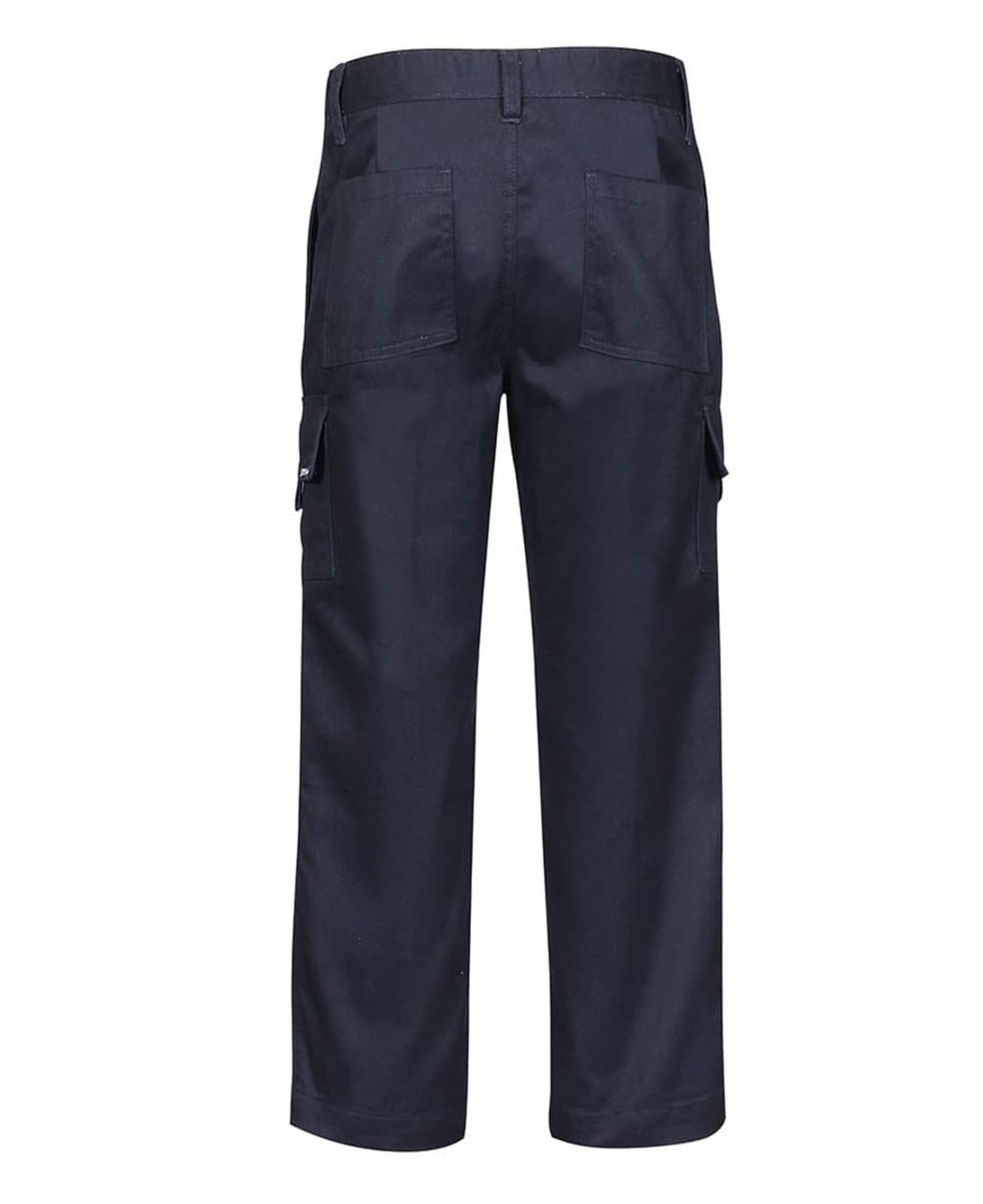 Cargo pants in a navy colour with two side pockets and two back pockets, featuring a simple design and a logo.