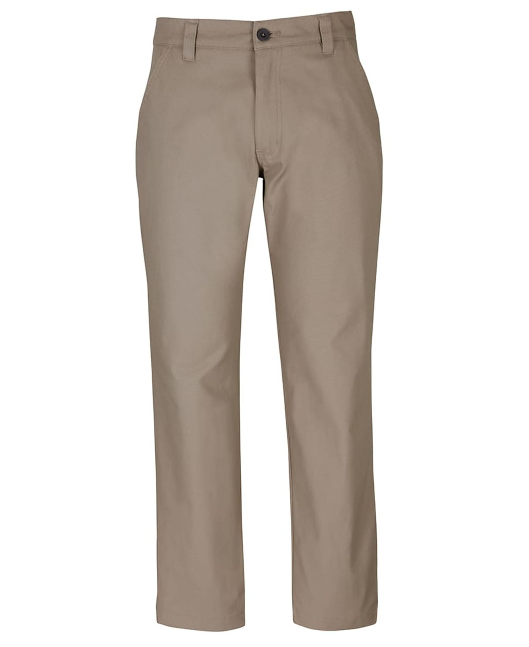 A pair of beige stretch canvas trousers with a button closure and front pockets. Features a logo on the waistband.