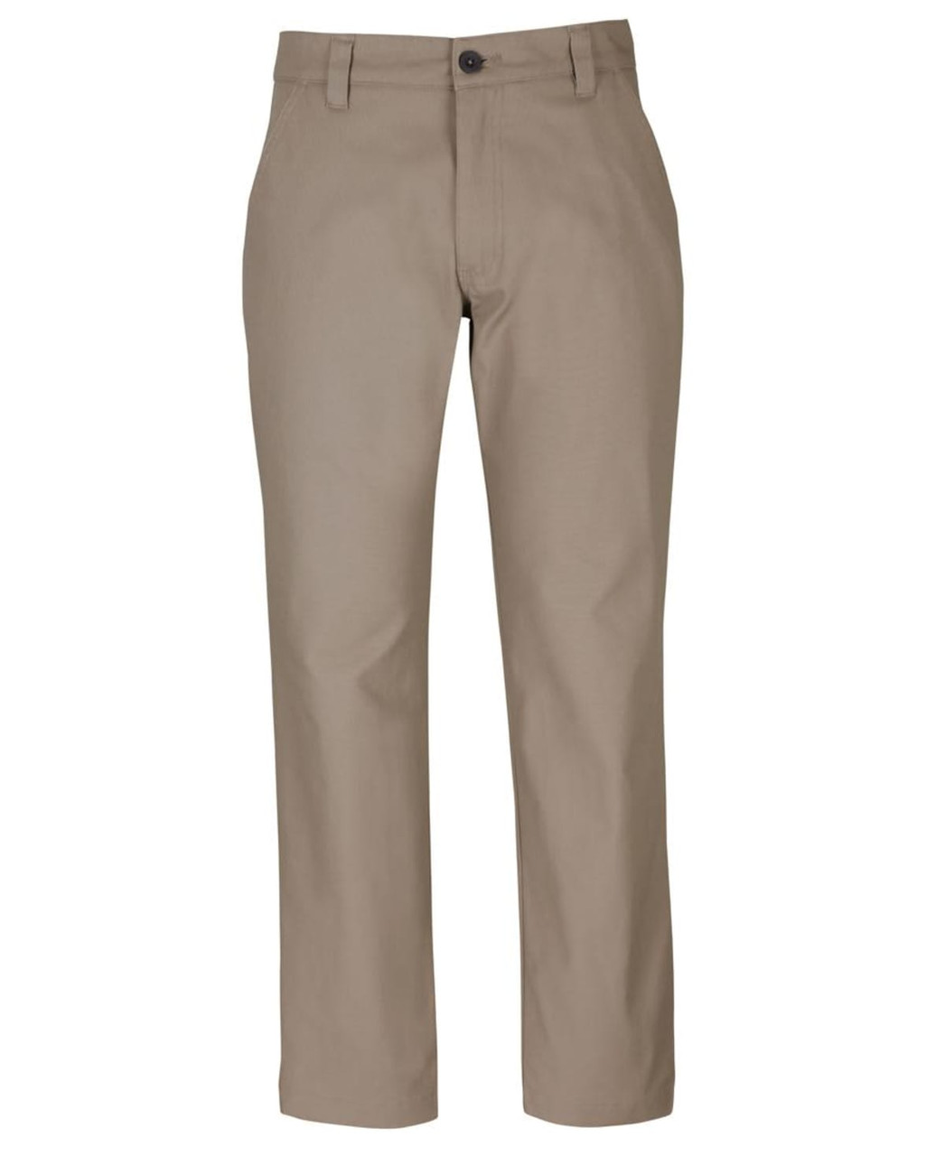 A pair of beige stretch canvas trousers with a button closure and front pockets. Features a branding logo.